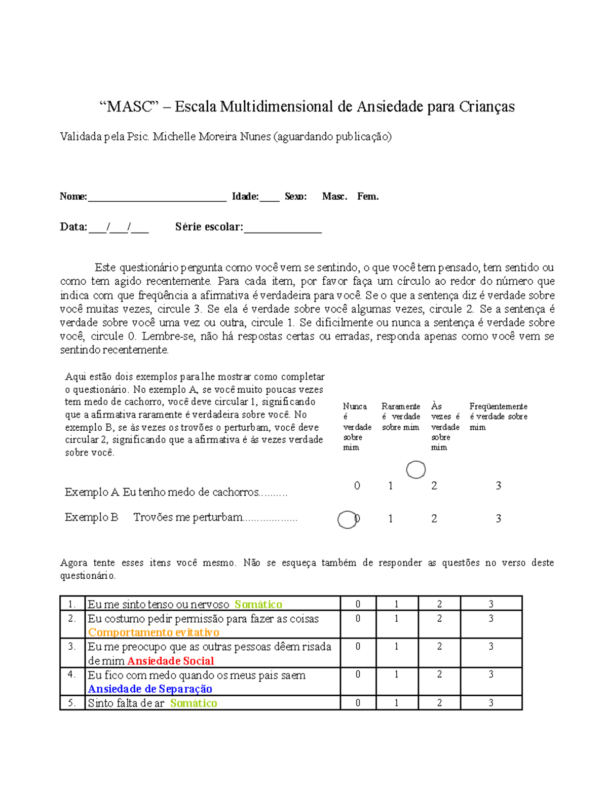 MASC- Ansiedade - “MASC” – Escala Multidimensional de Ansiedade para ...