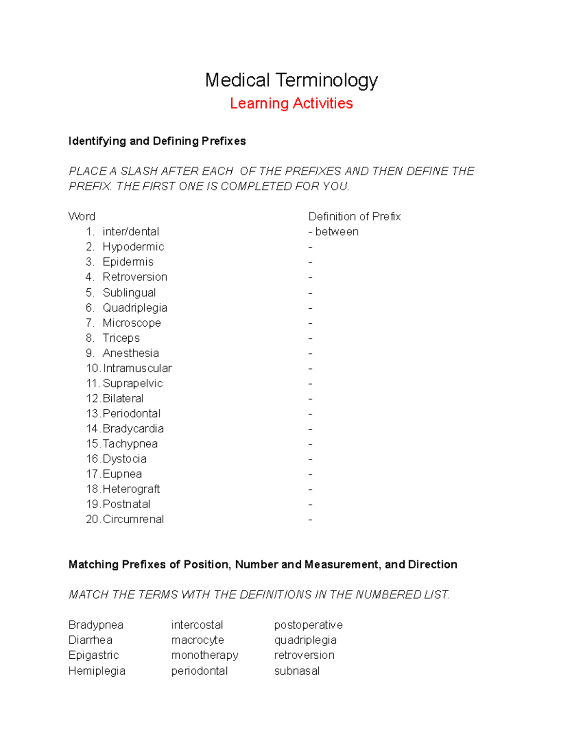 Medical Terminology pt. 3 - Medical Terminology Learning Activities ...