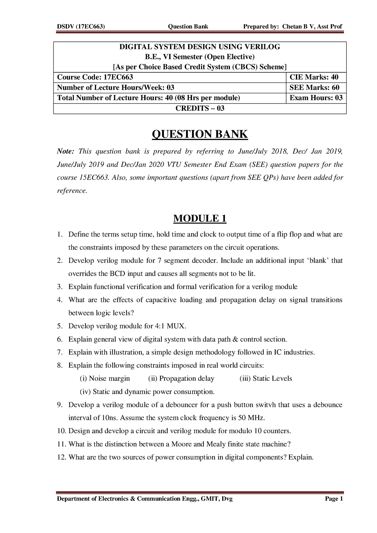 DSDV 17EC663 15EC663 Question Bank - DIGITAL SYSTEM DESIGN USING ...