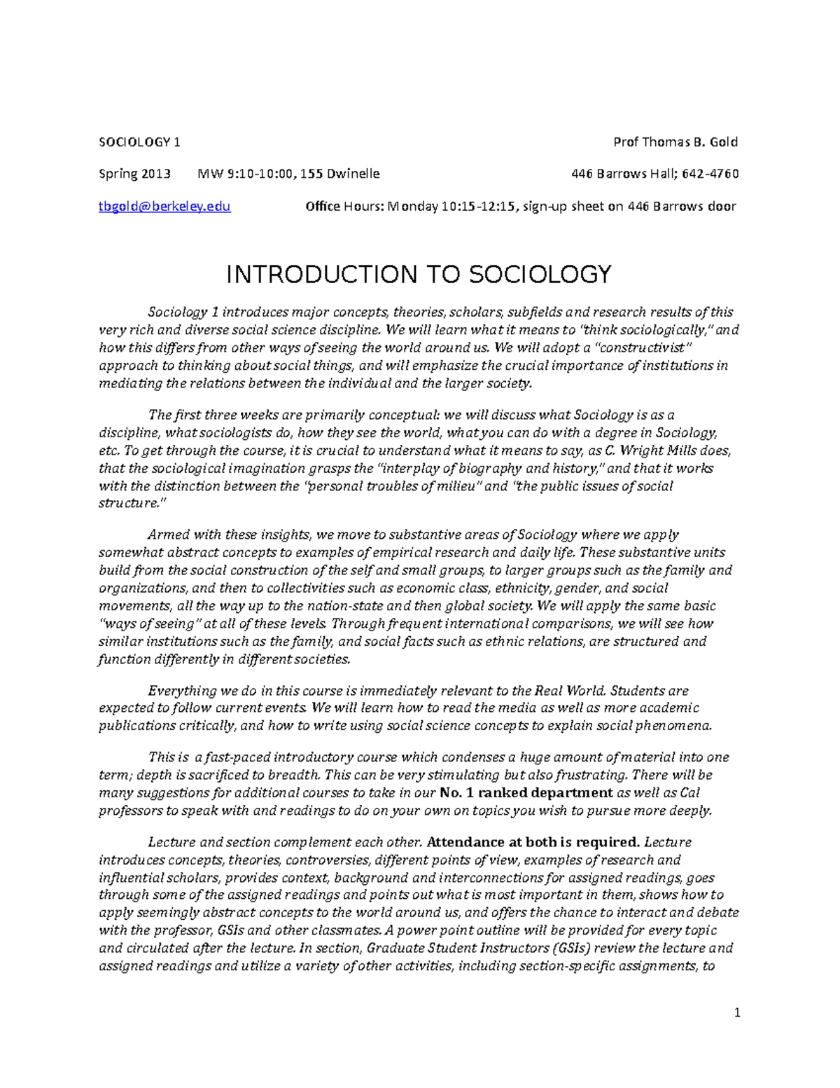 Sociology 1 Syllabus Fall 2013 - Sociology 3AC - UCB - Studocu