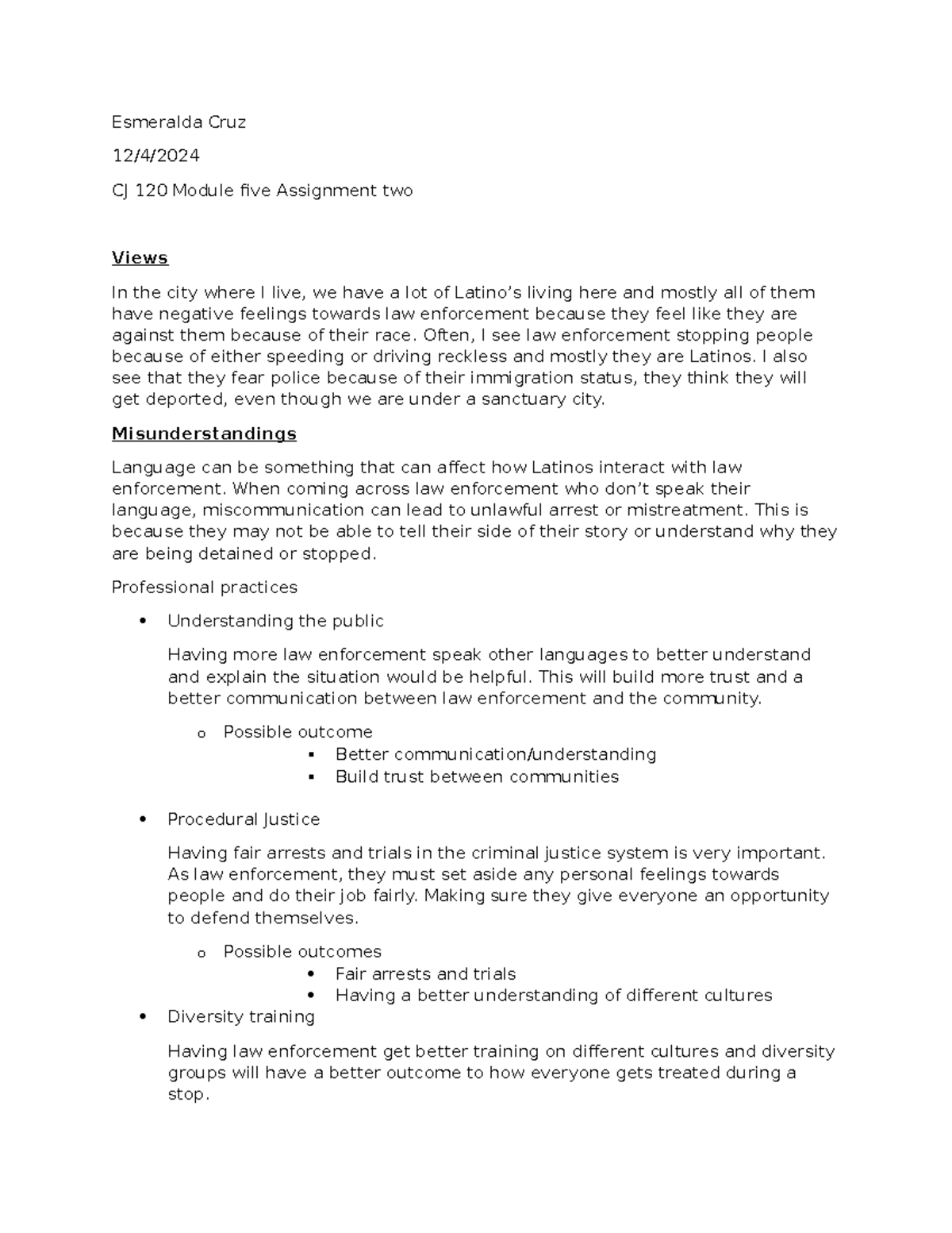 Module 5 assignment 2 - work - Esmeralda Cruz 12/4/ CJ 120 Module five ...