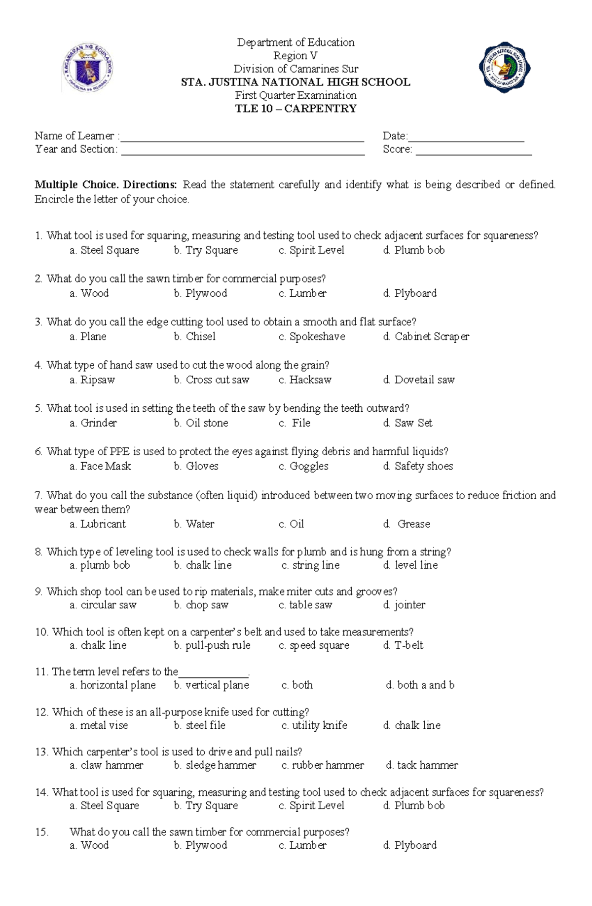 10 Carpentry EXAM Q1 - Department of Education Region V Division of ...