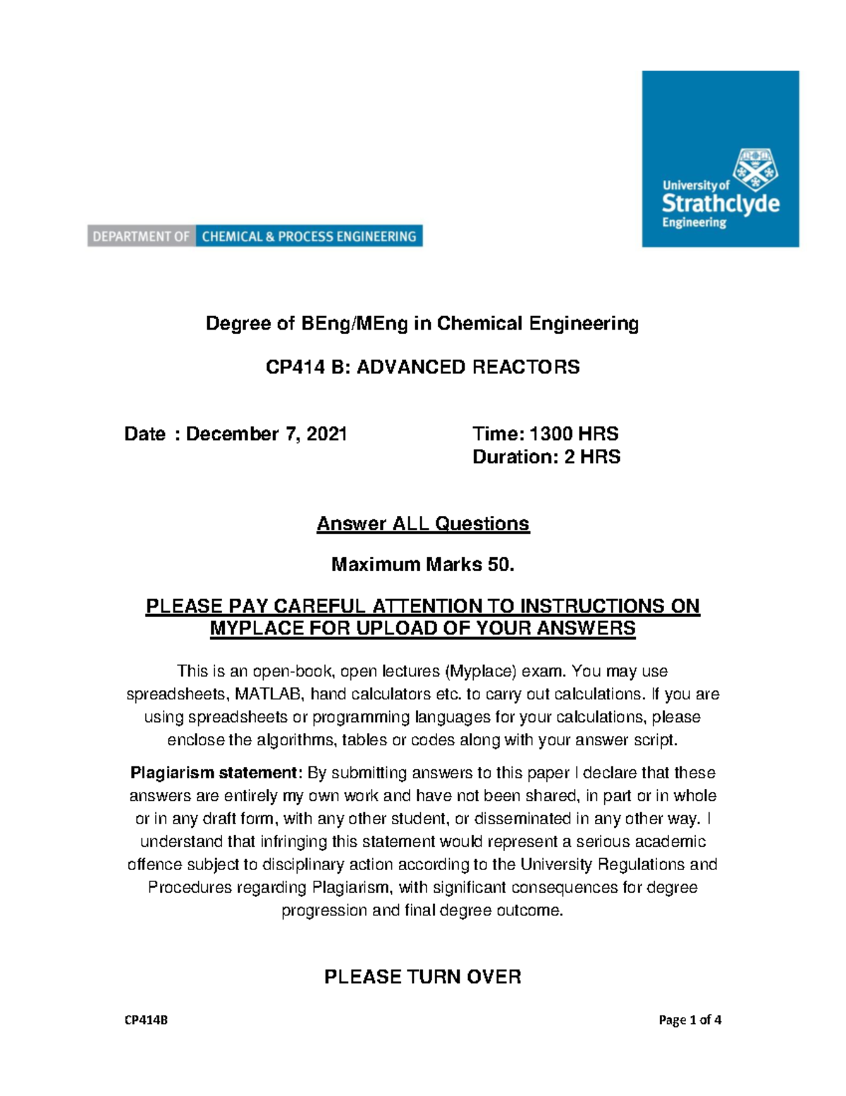 CPE 414 B Exam Paper - This is the Advanced Reactors Exam for academic ...