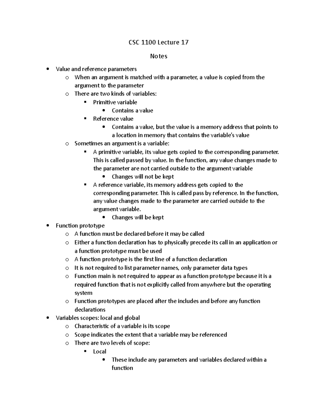 CSC 1100 Lecture 17 - CSC 1100 Lecture 17 Notes Value and reference ...