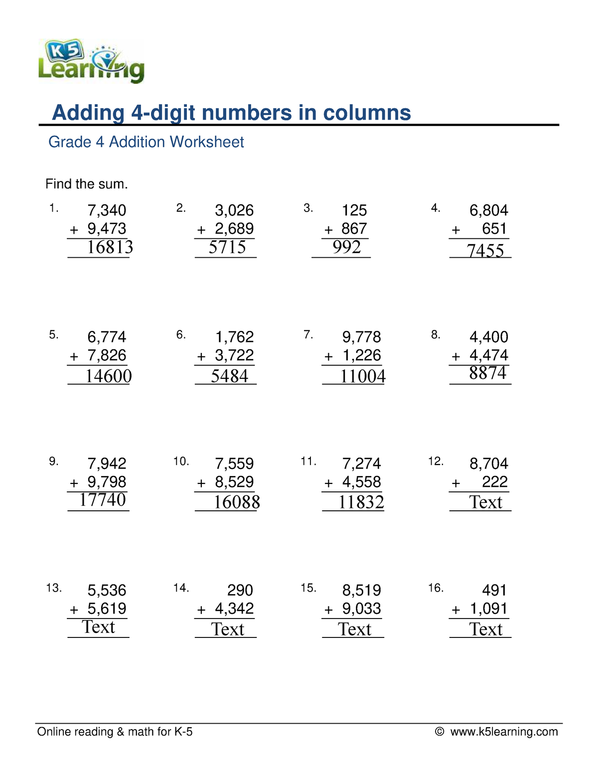 Grade 4 Add 4 Digit Numbers In Columns A - Online Reading & Math For K ...