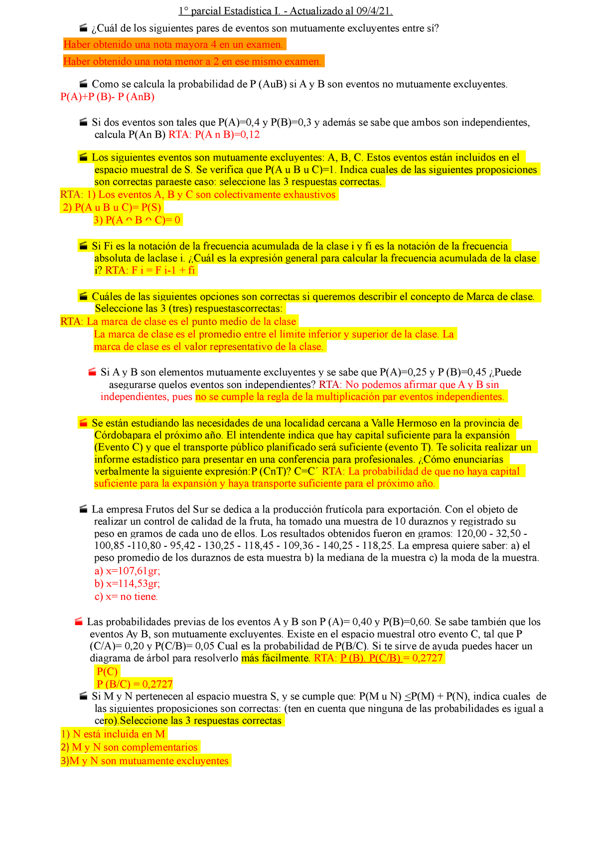 Estadistica I - 1° Parcial - 1° Parcial Estadística I. - Actualizado Al ...