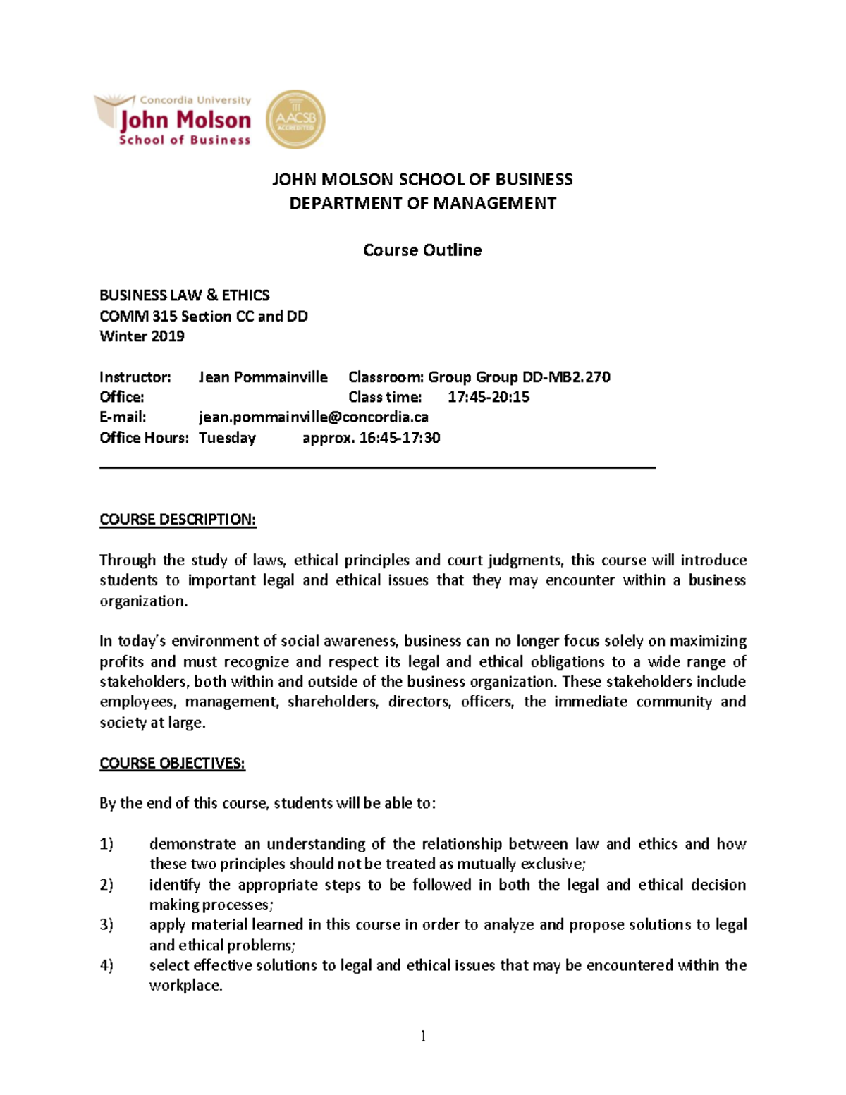 COMM 315 - Winter 2020 Outline - JOHN MOLSON SCHOOL OF BUSINESS ...