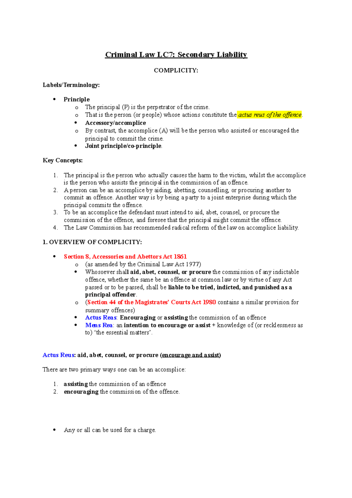 Criminal Law Lecture : Notes 7 - Criminal Law LC7: Secondary Liability ...