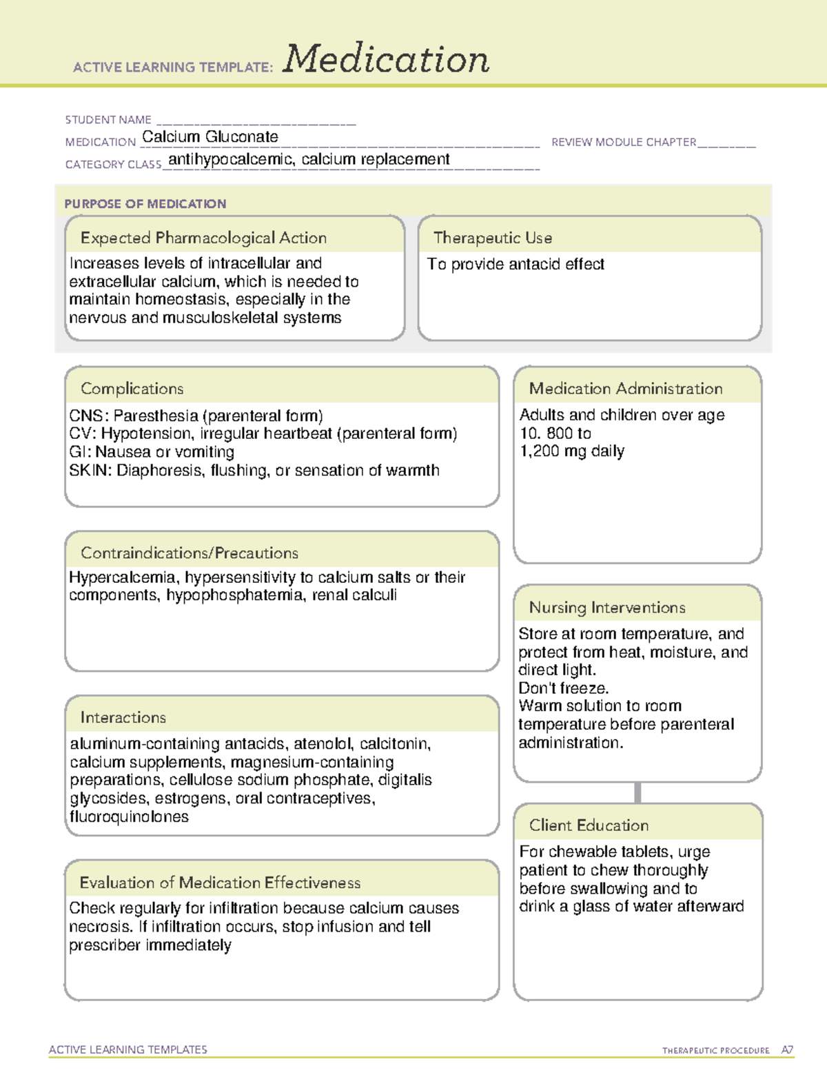 Calcium Gluconate 2 Medication template ACTIVE LEARNING TEMPLATES