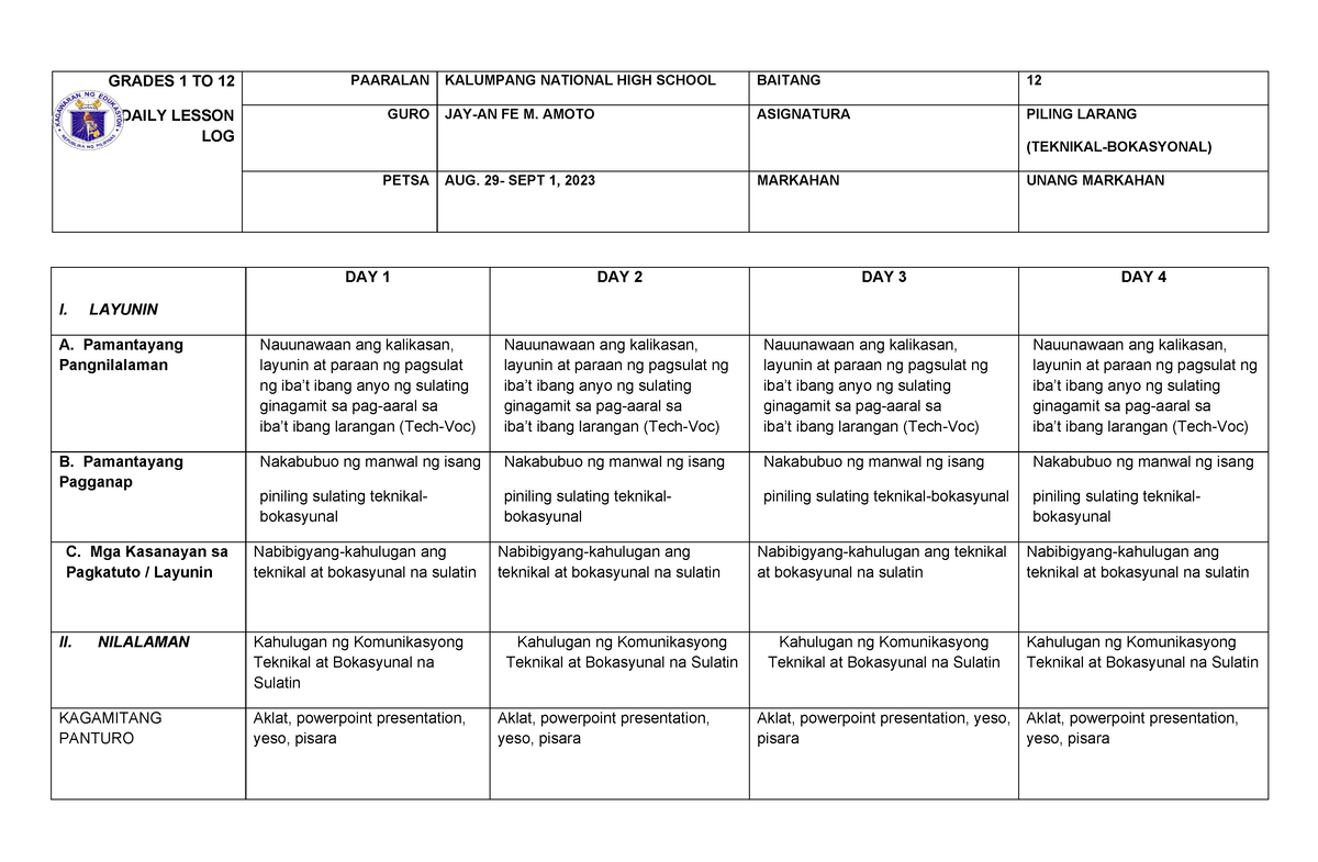 Q1 Wk1 Kahulugan Ng Komunikasyong Teknikal At Bokasyunal Na Sulatin Grades 1 To 12 Daily