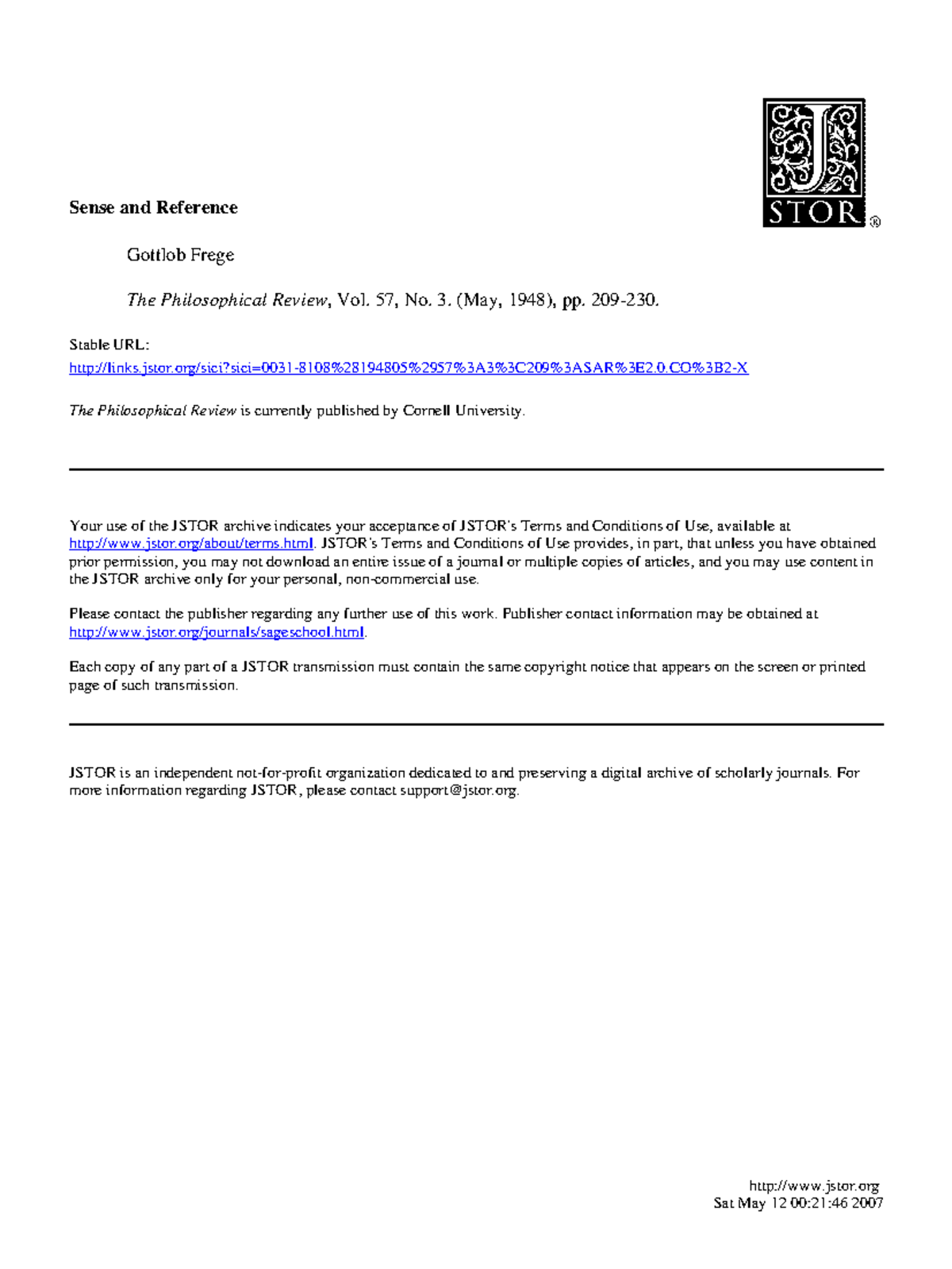 Frege Sense and Reference Sense and Reference Gottlob Frege The