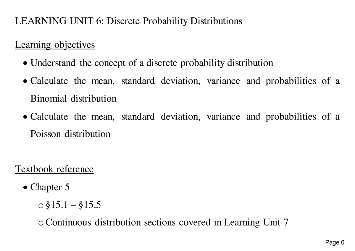 LU6 Lecture Notes - LEARNING UNIT 6: Discrete Probability Distributions ...