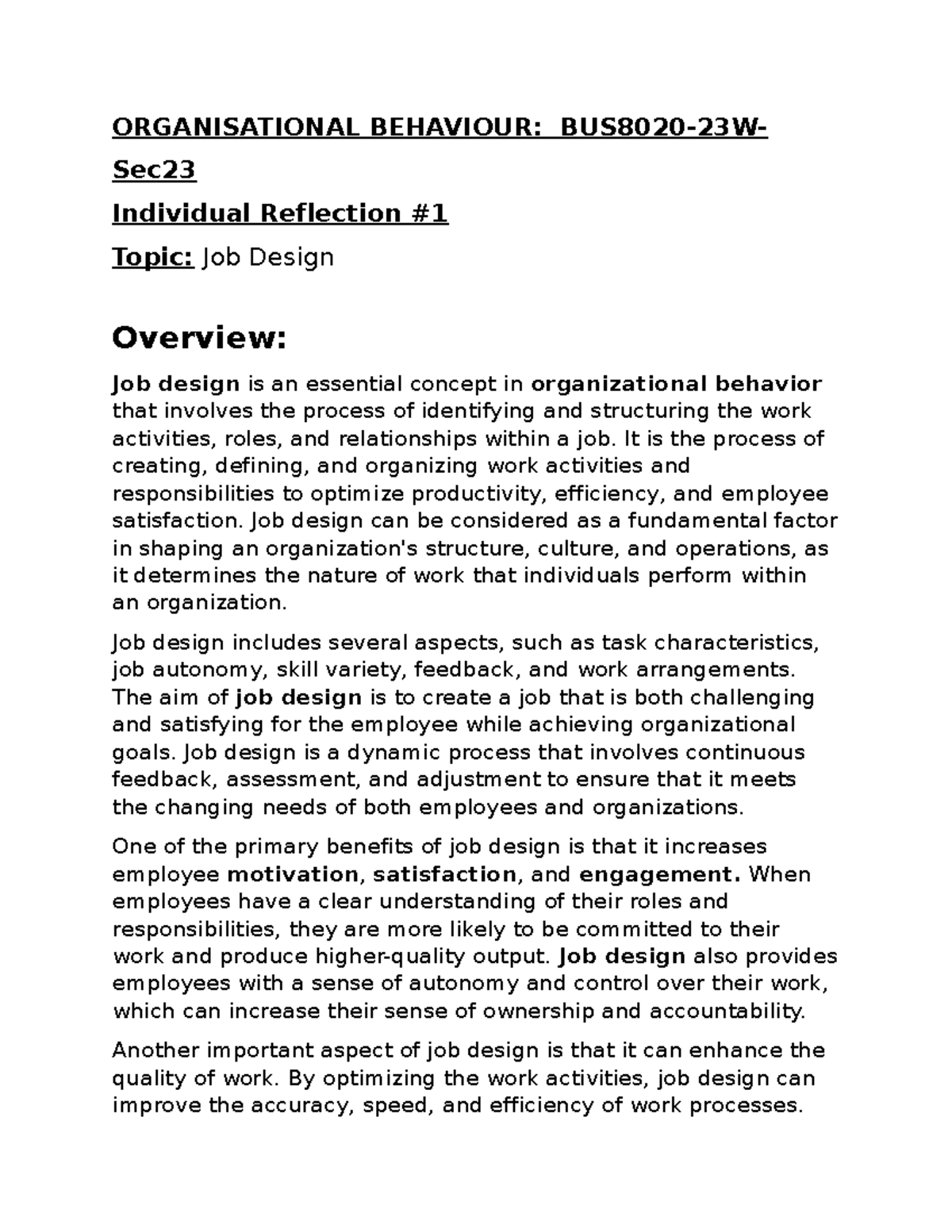 organisational behaviour reflection assignment