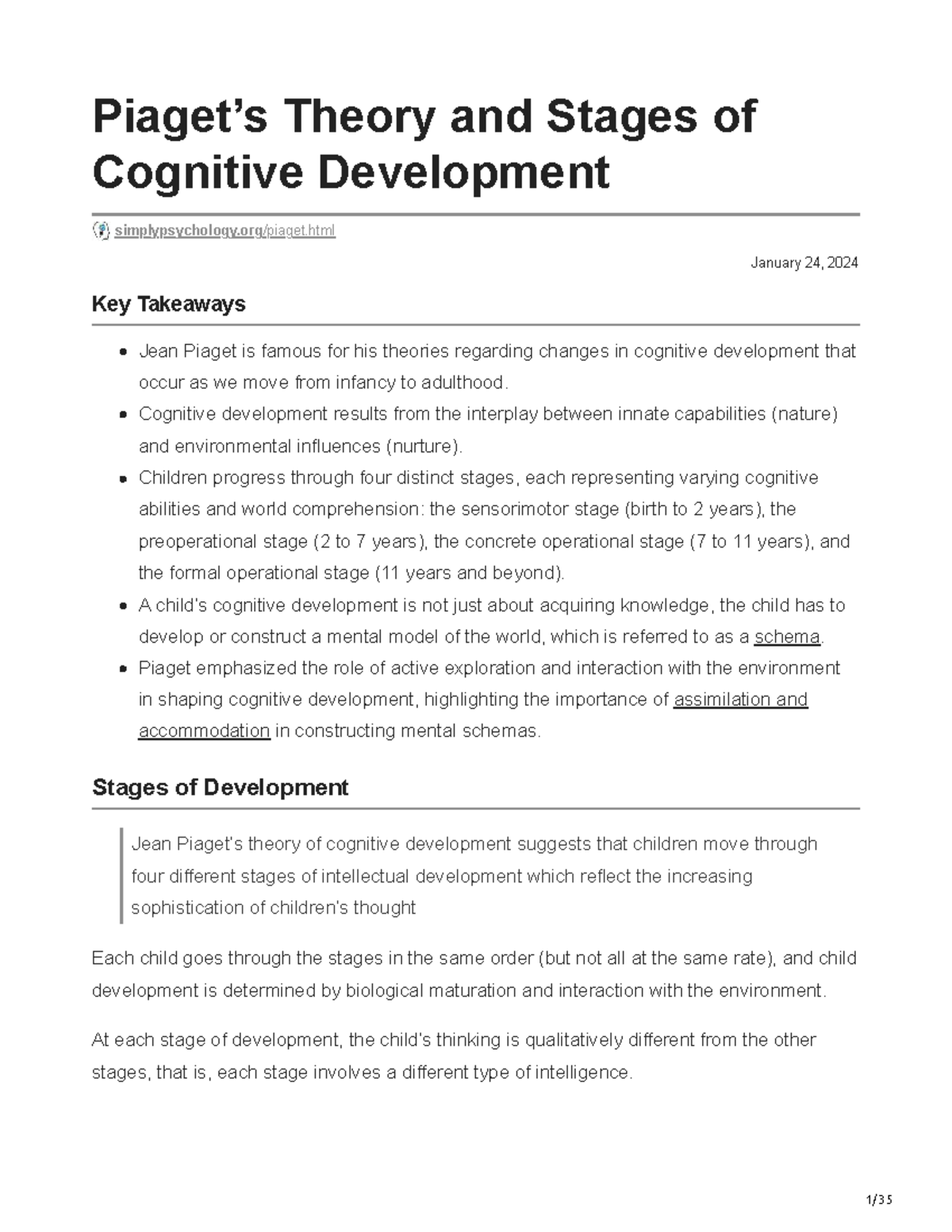 Simplypsychology Piagets Theory and Stages of Cognitive Development January 24 2024 Piaget s Studocu