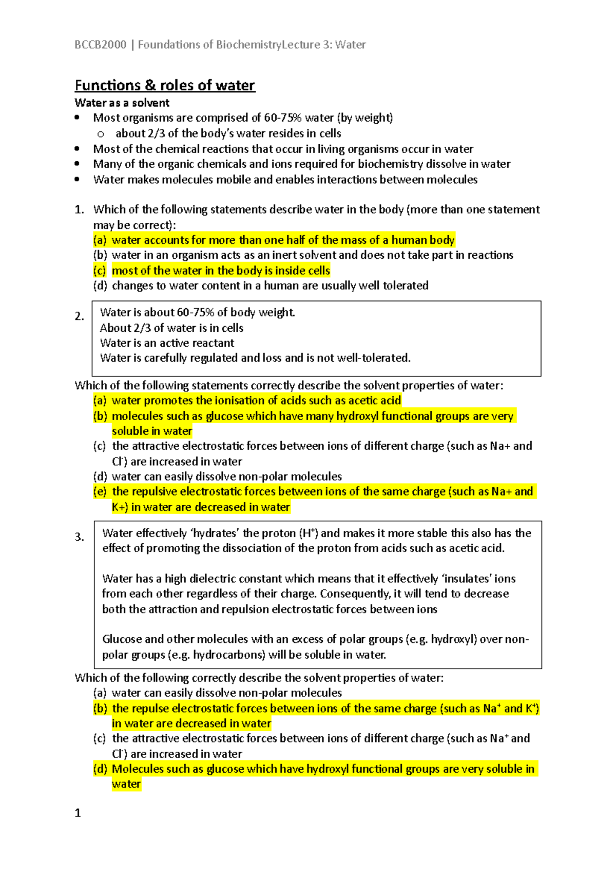 3. Water - Lecture notes 3 - Functions & roles of water Water as a ...