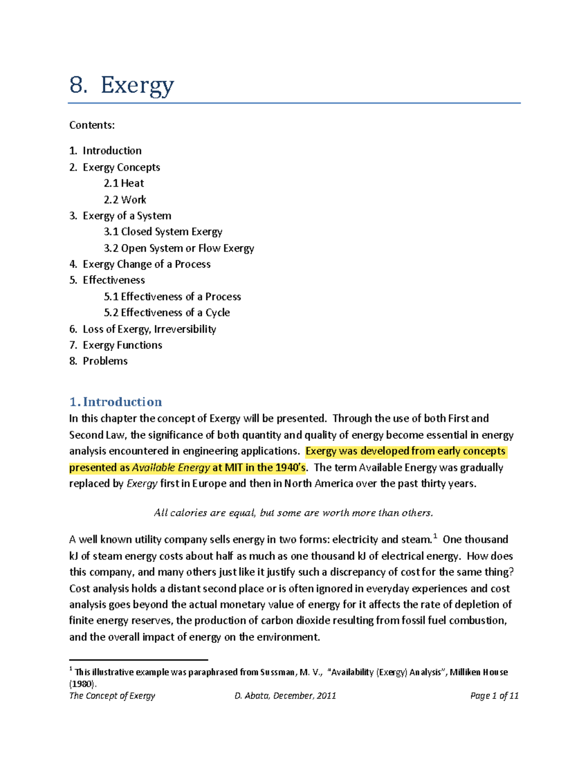 8. Exergy - 8. Exergy Contents: 1. Introduction 2. Exergy Concepts 2 ...