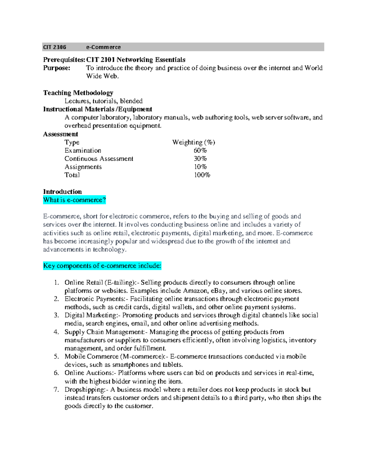 Introduction lesson one - CIT 2306 e-Commerce Prerequisites: CIT 2101 ...