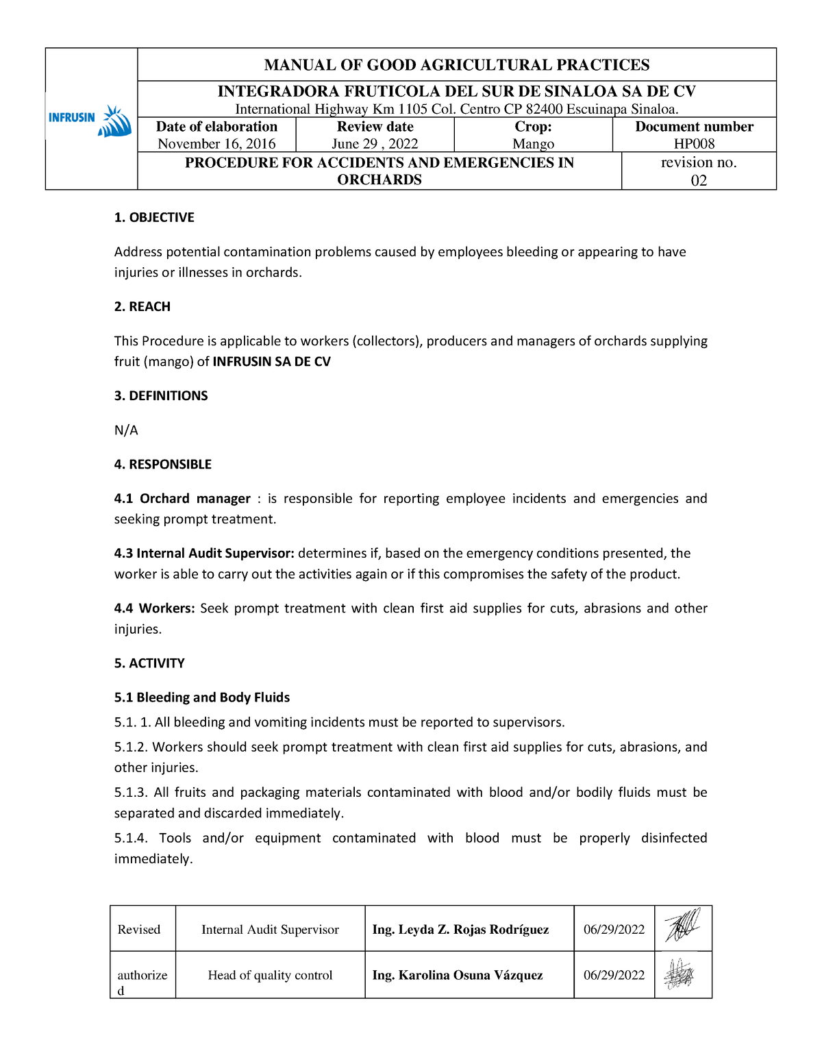 HP008 Procedure FOR Accidents AND Emergencies IN Orchards - MANUAL OF ...