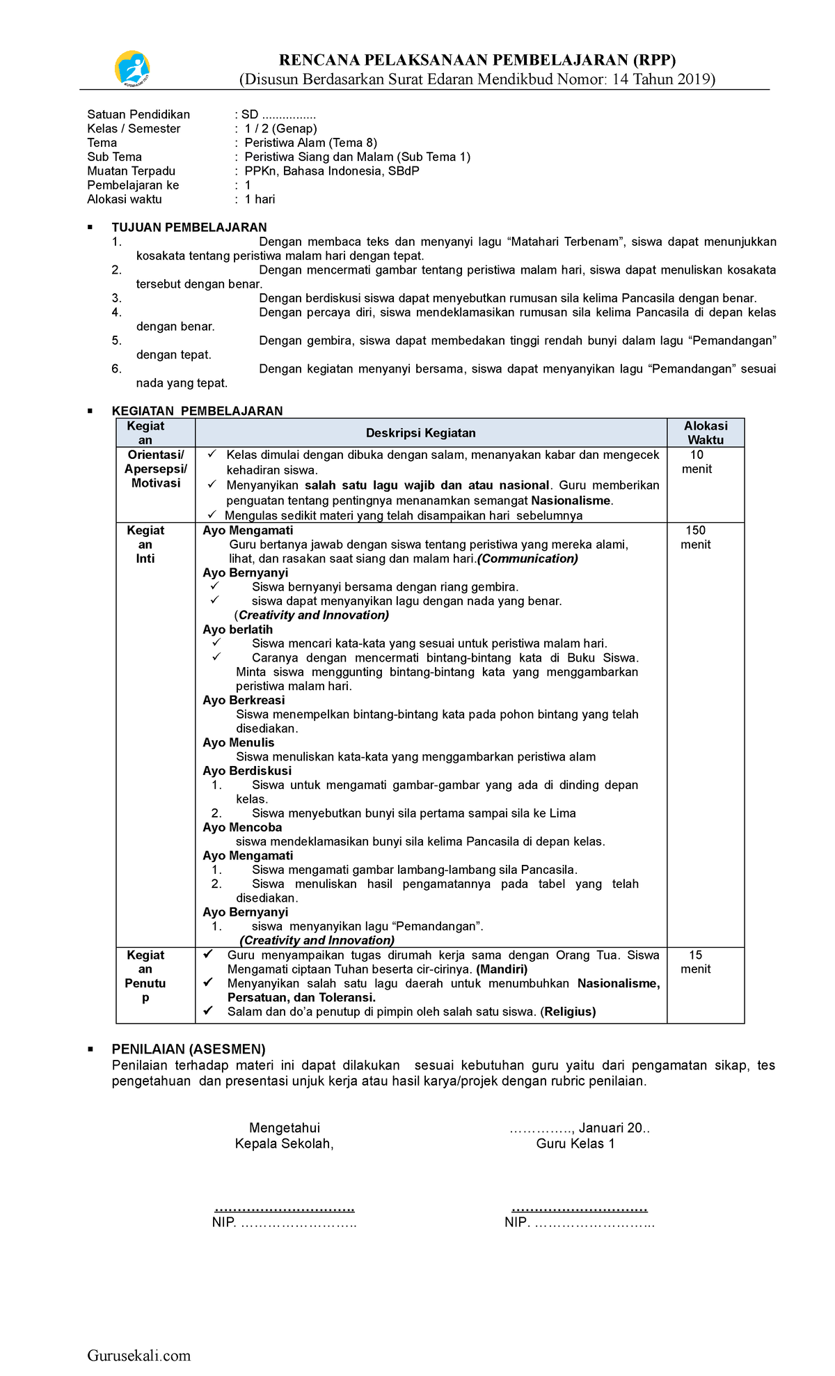 Rpp 1 Lembar Kelas 1 Tema 8 Disusun Berdasarkan Surat Edaran Mendikbud Nomor 14 Tahun 2019 9490