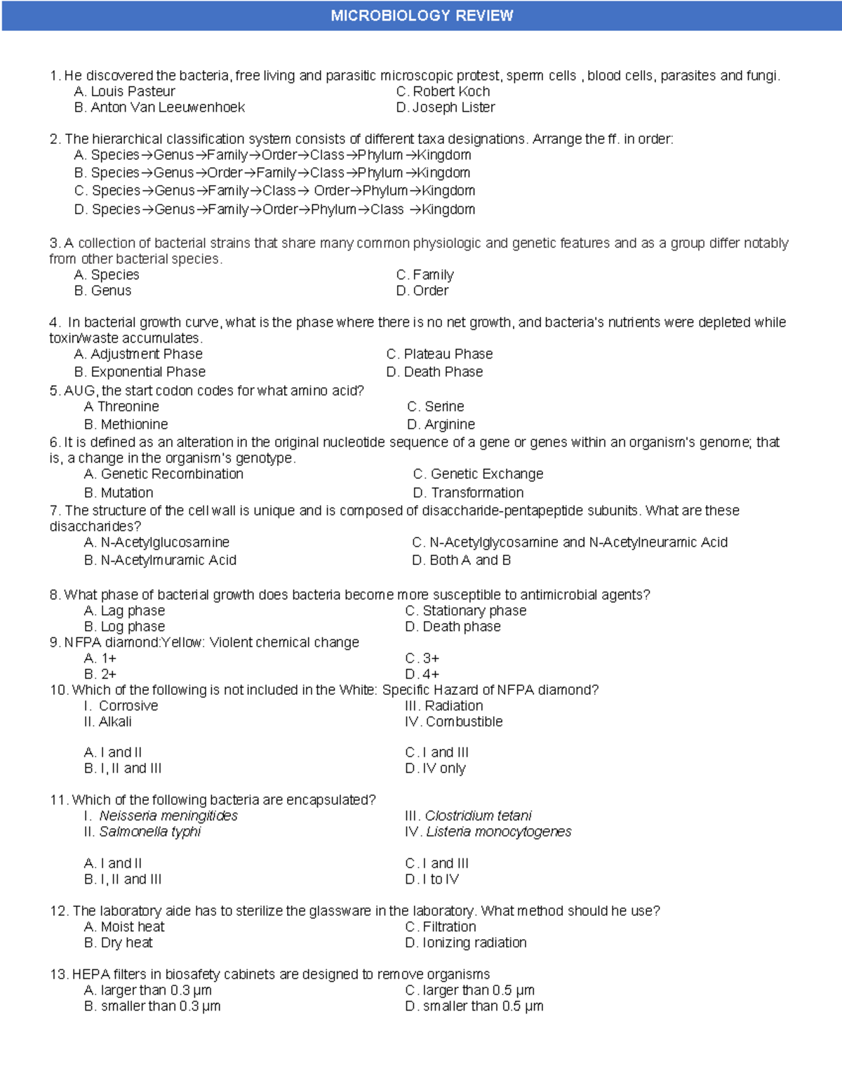 Micro Review EXAM - He discovered the bacteria, free living and ...