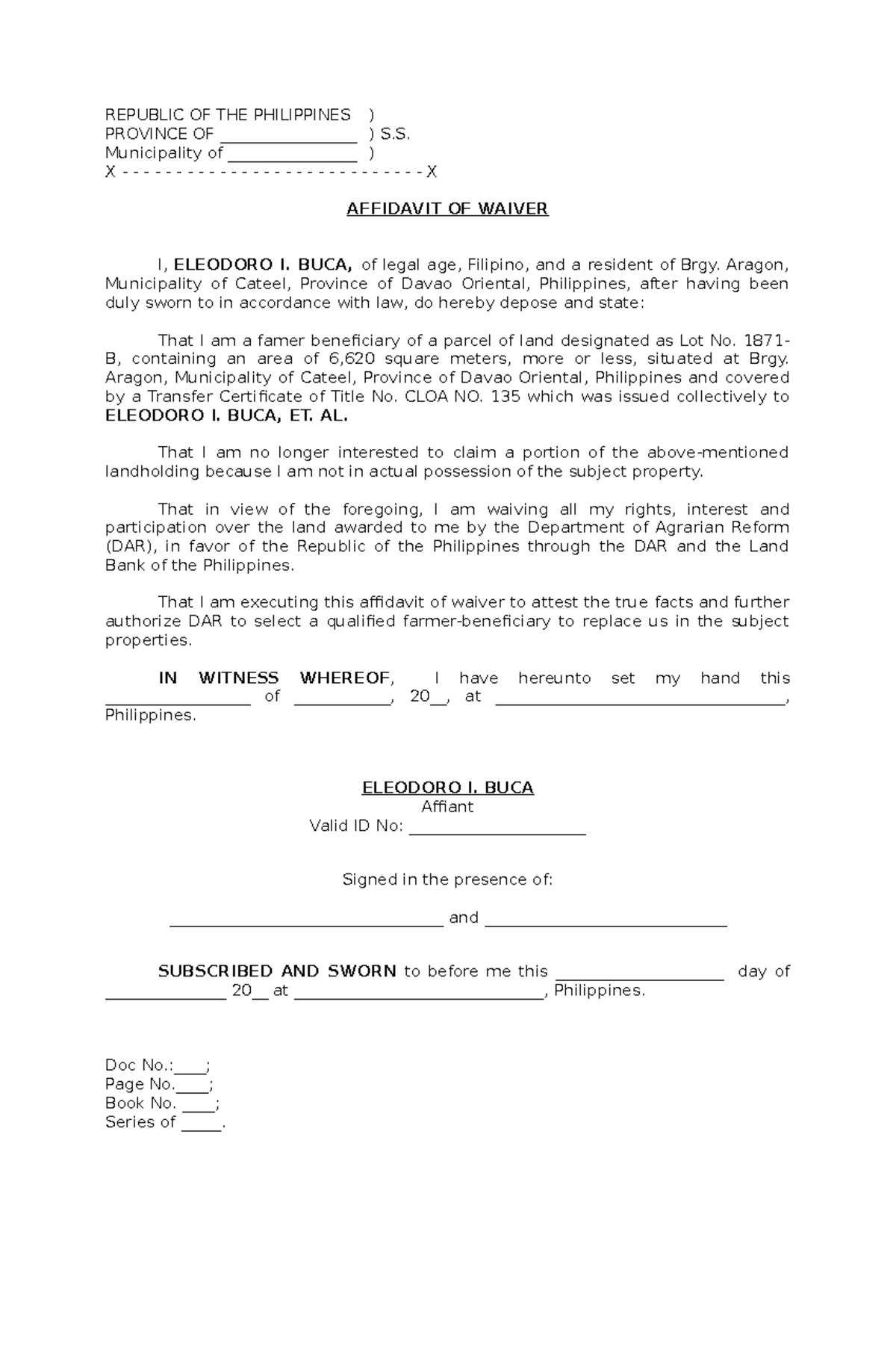 Affidavit of Waiver (Eleodoro I. Buca) - REPUBLIC OF THE PHILIPPINES ...