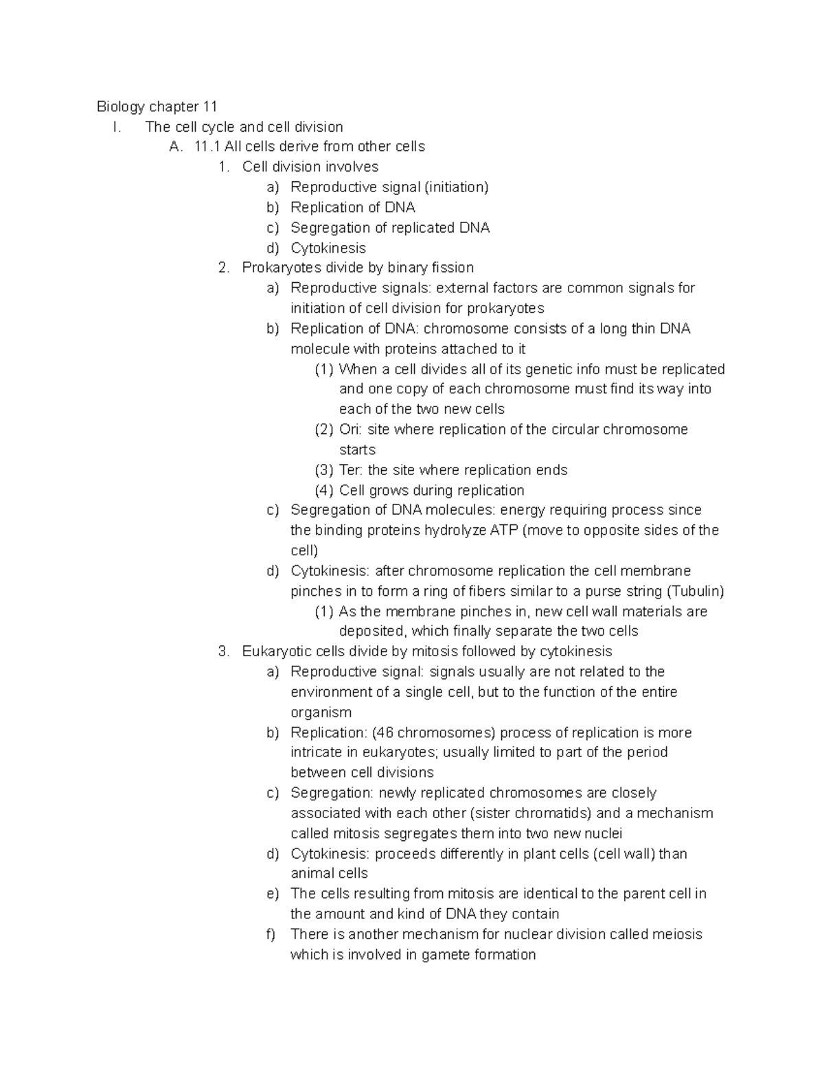 Biology Chapter 11 Notes - Biology chapter 11 I. The cell cycle and ...