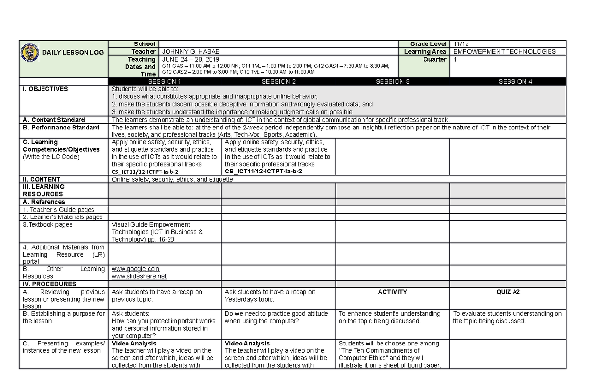 2019 dll week4 - for educational purposes... - DAILY LESSON LOG School ...