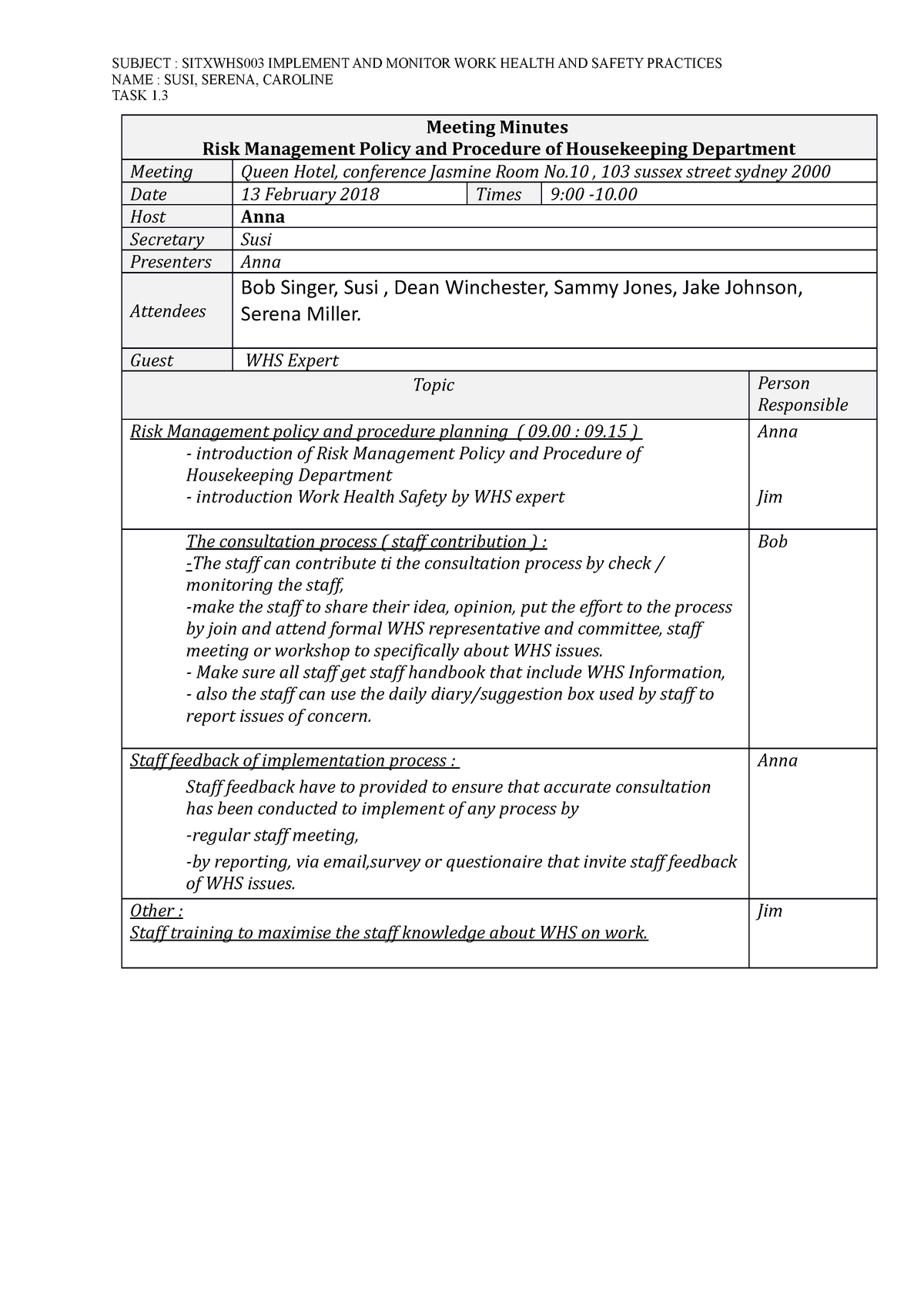 Meeting Minutes Template 1 - SUBJECT : SITXWHS003 IMPLEMENT AND MONITOR ...