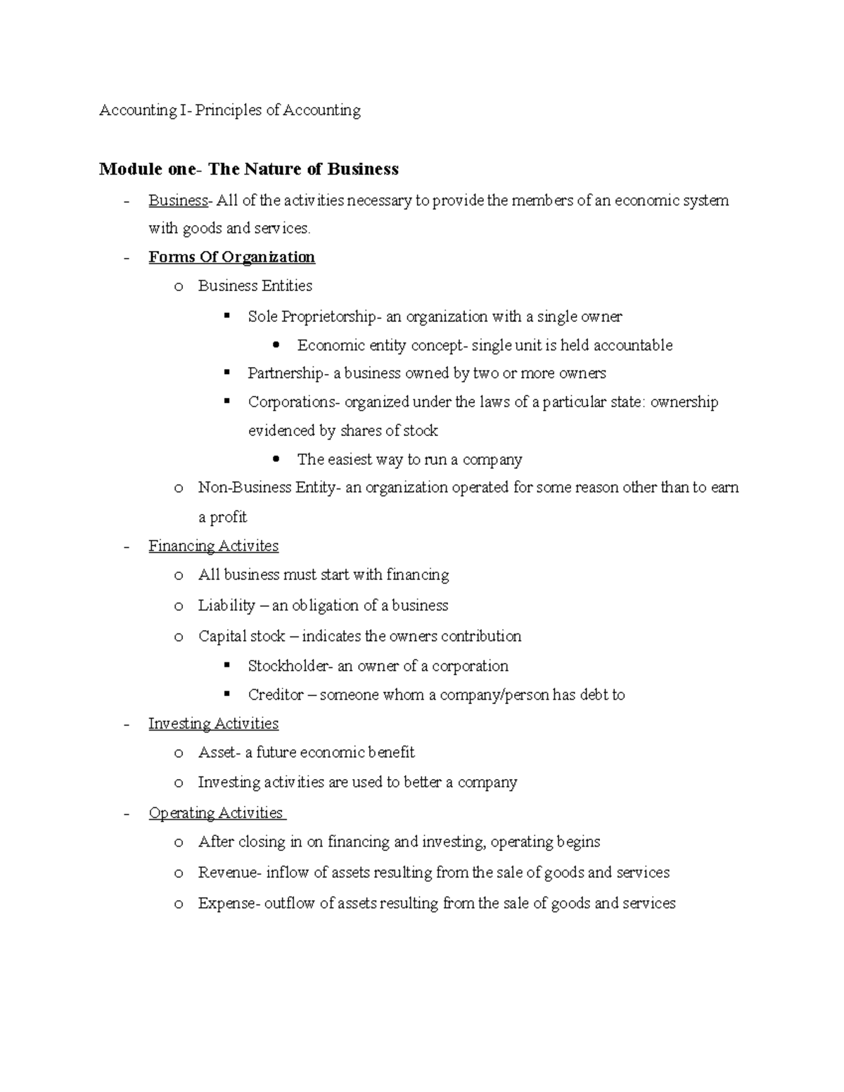 Acc. Module 1 The nature of business Accounting I Principles of