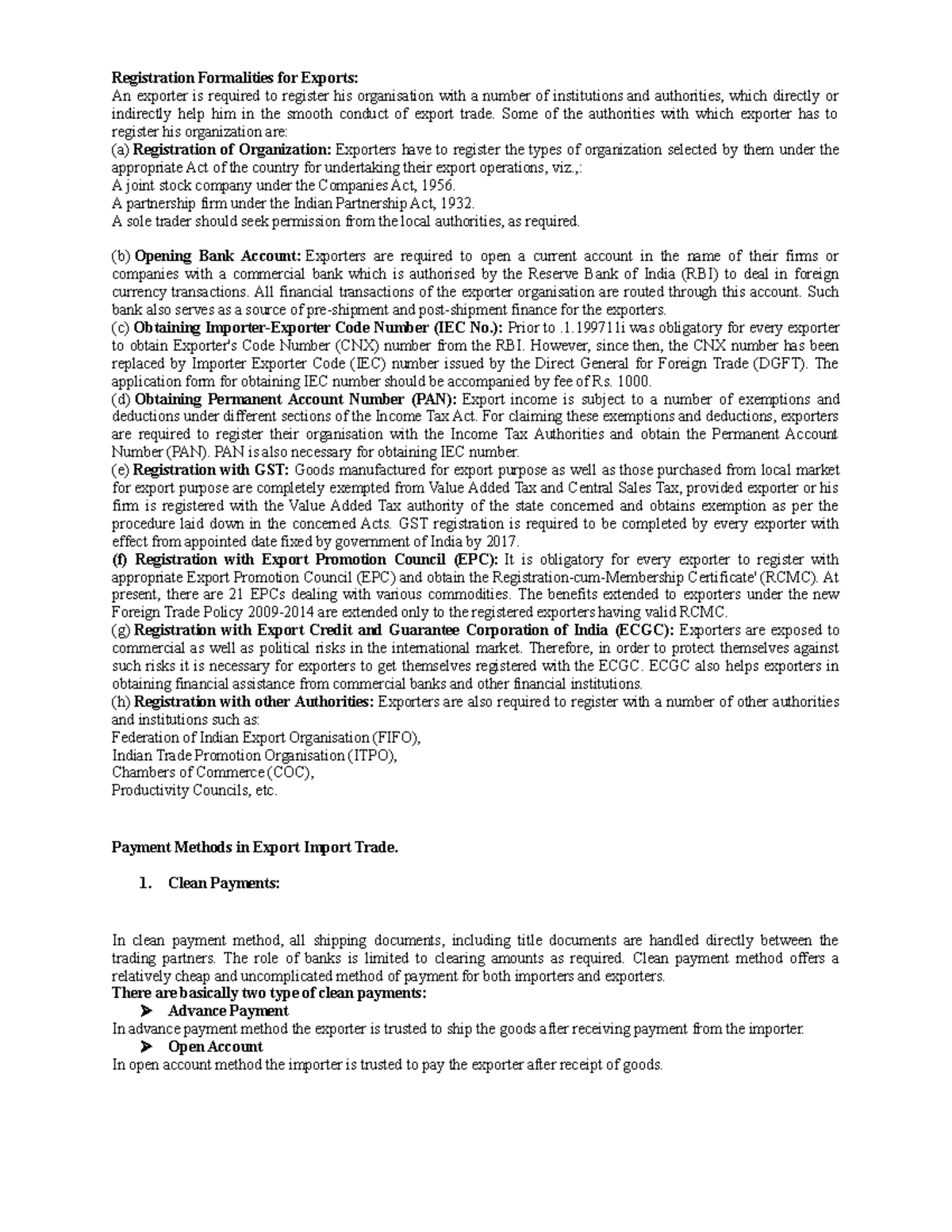 Export import documentation - Registration Formalities for Exports: An ...