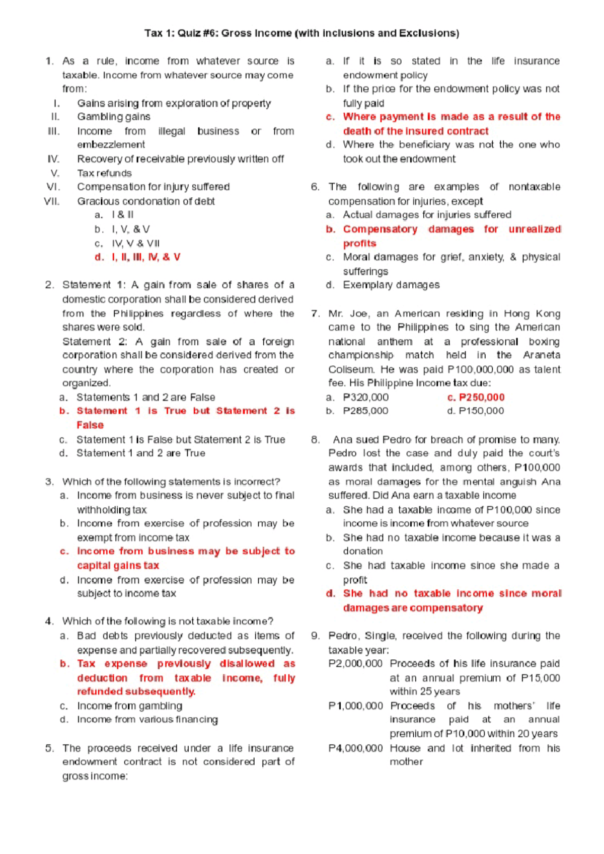 Gross Income (Exclusions & Inclusion) - Tax 1: Quiz Gross Income (with ...