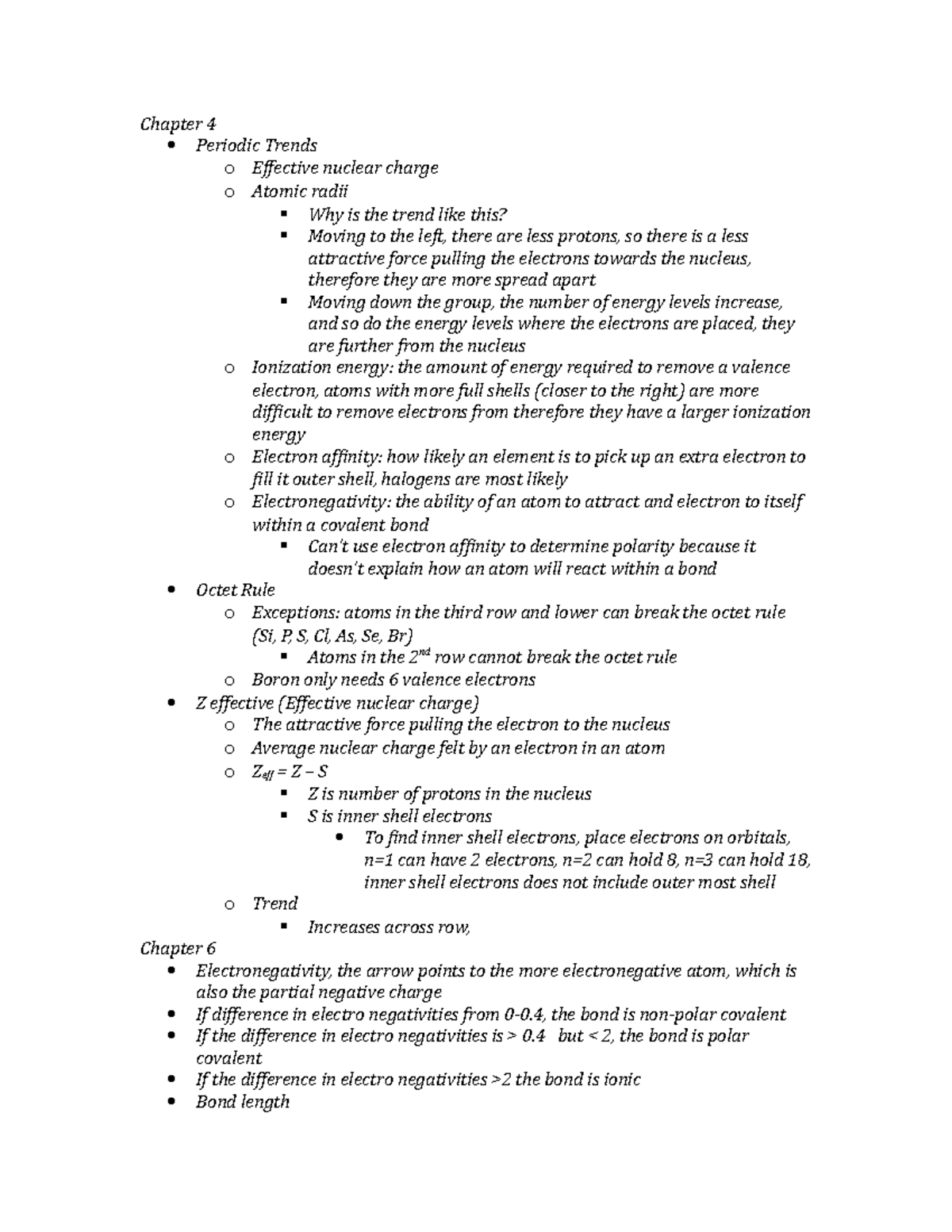 Chem review Ch2 - chem 1 notes - Chapter 4 Periodic Trends o Effective ...