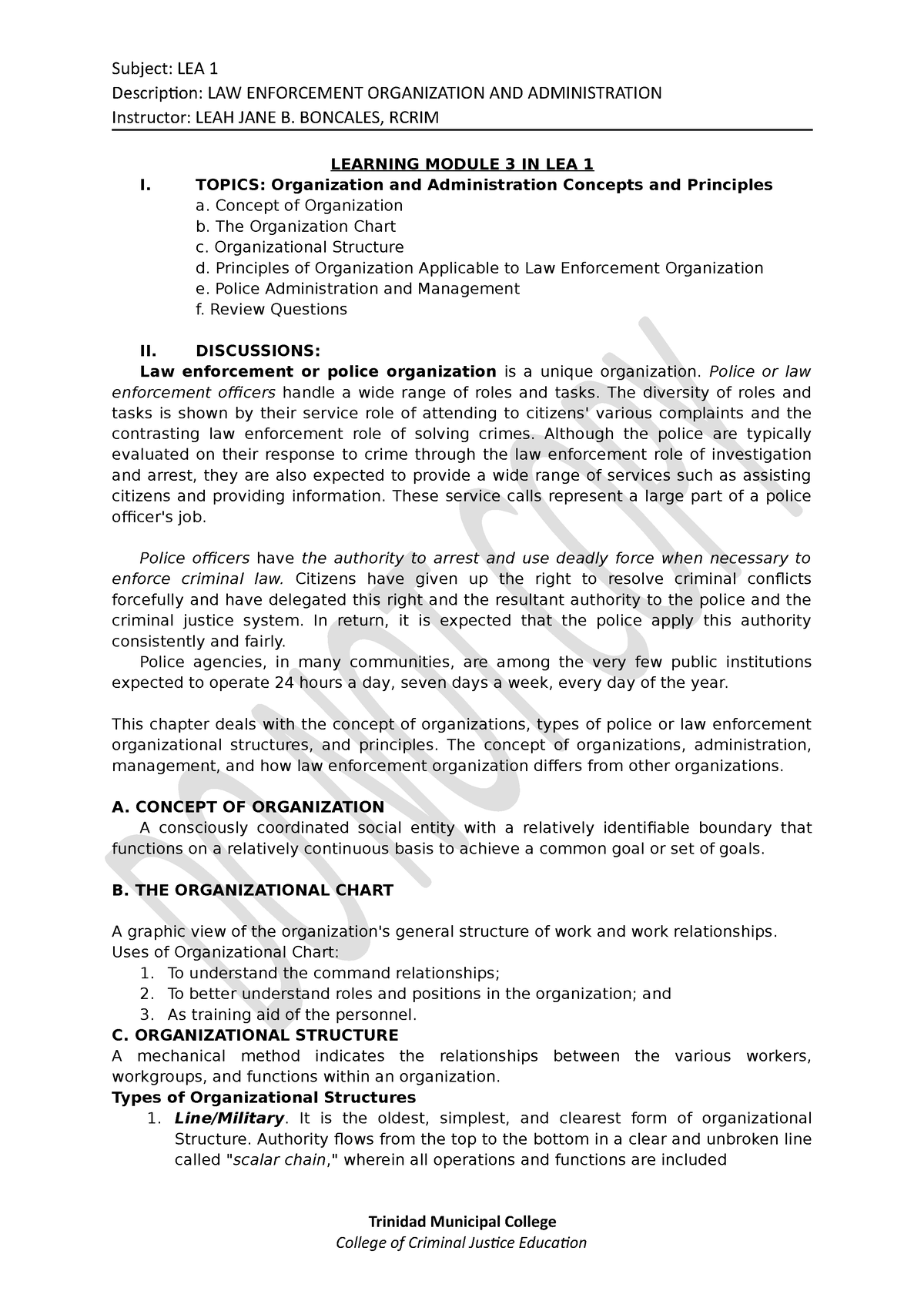 Module 3 IMS LEA 1 - Key Notes - Description: LAW ENFORCEMENT ...