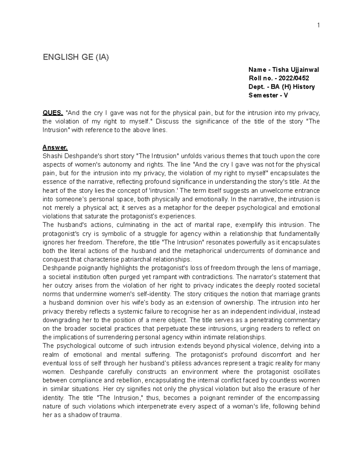 English GE (IA) - assignment - 1 ENGLISH GE (IA) Name - Tisha Ujjainwal ...