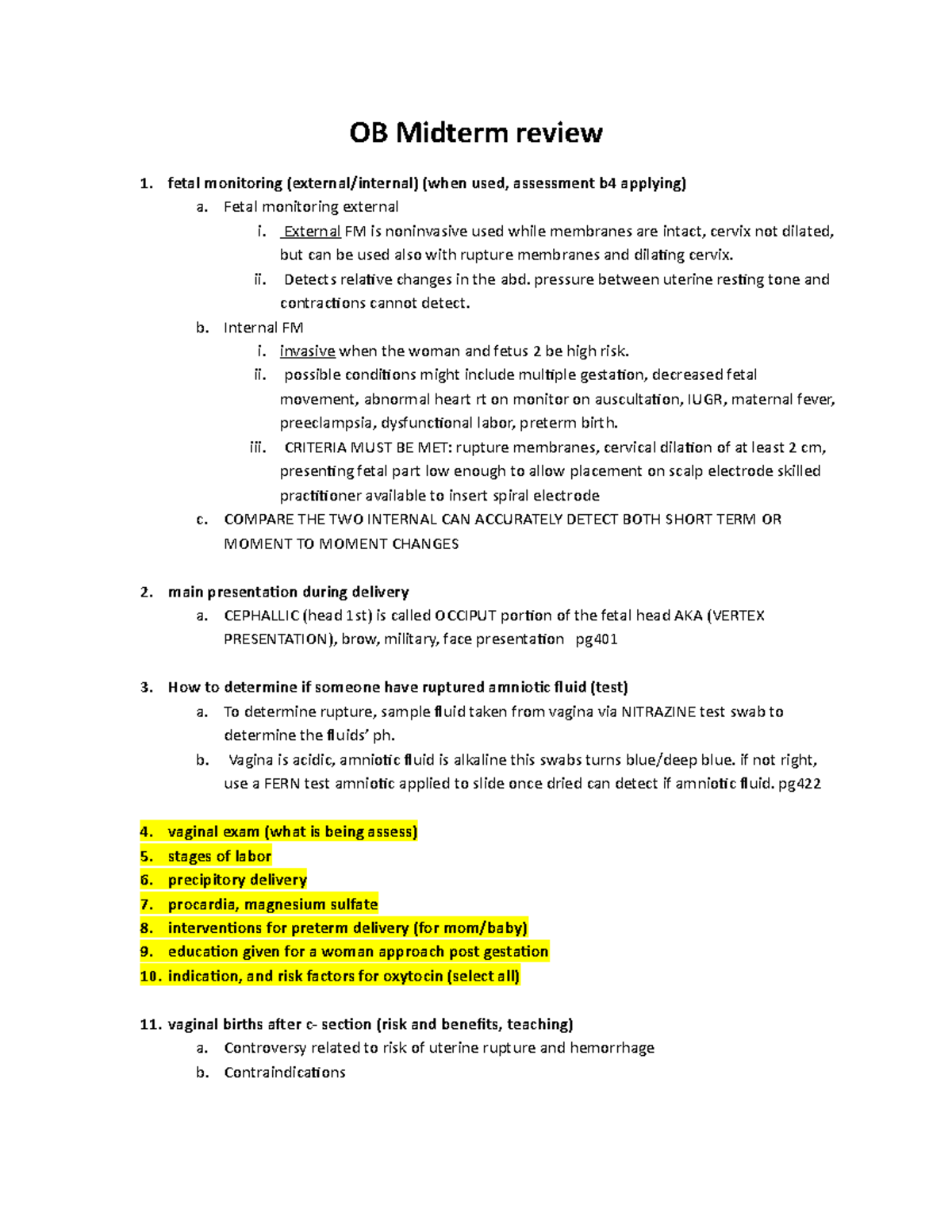 OB midterm - OB Midterm review 1. fetal monitoring (external/internal ...