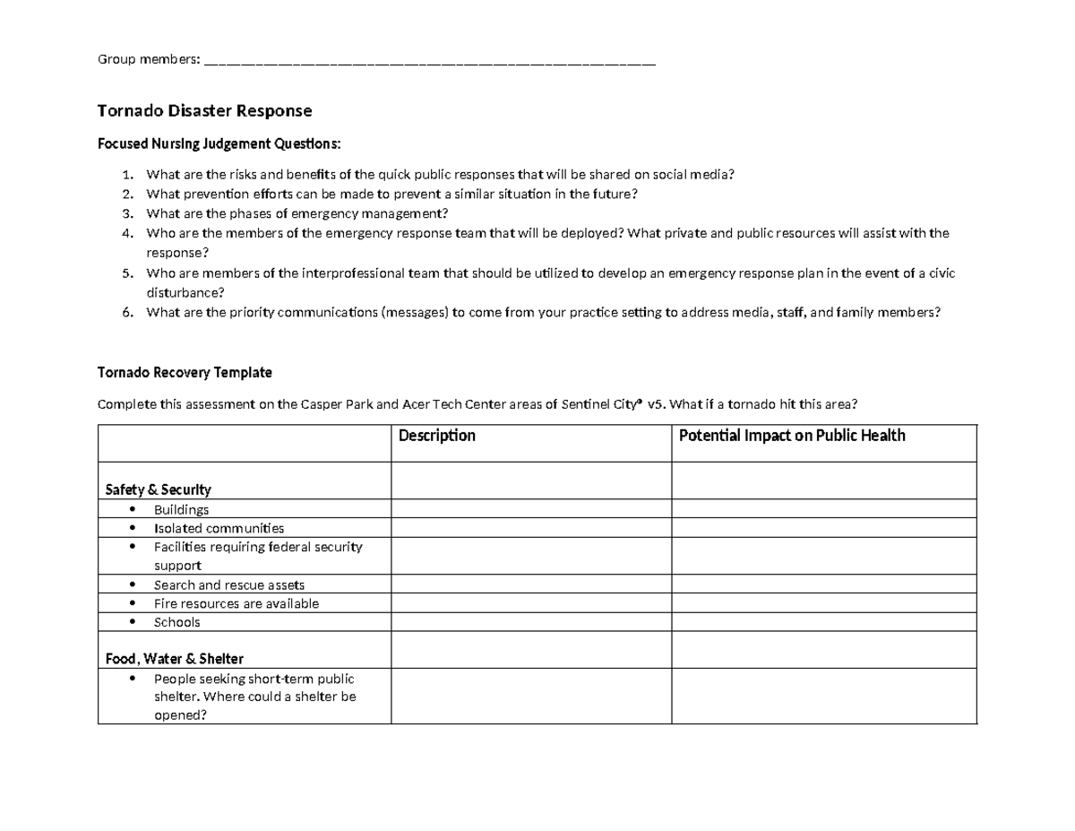 Tornado Disaster template - Group members: - Studocu