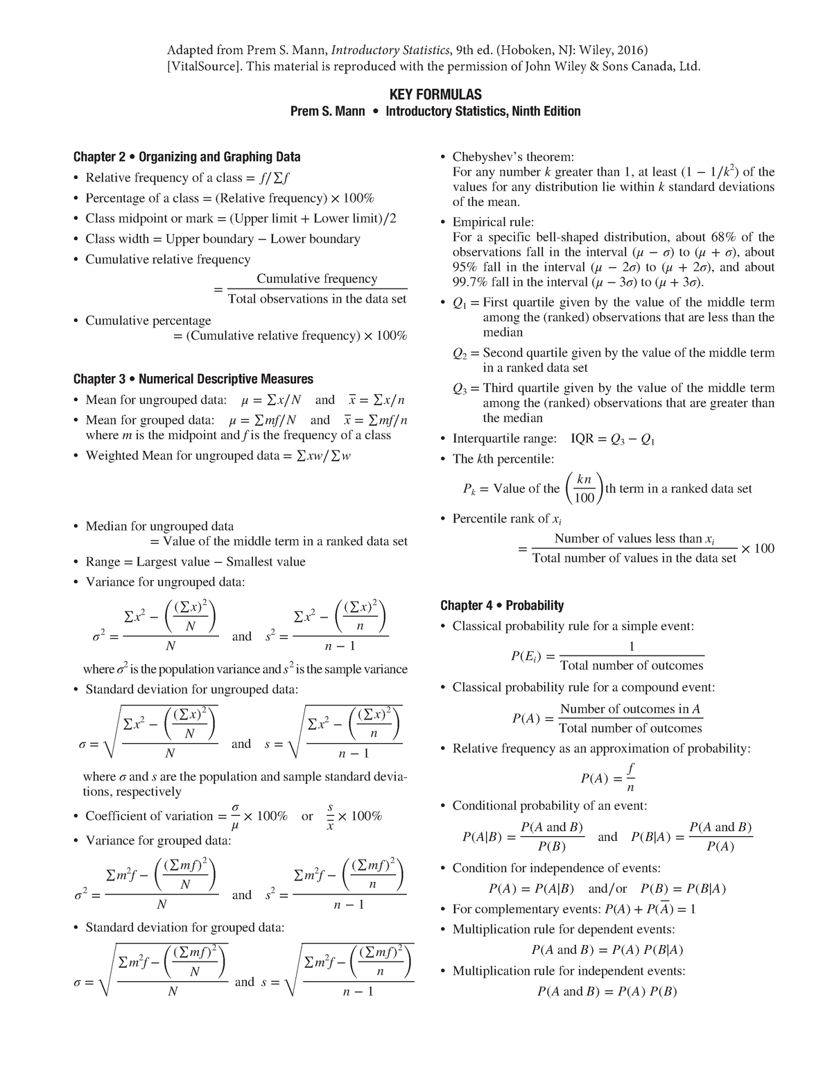 MATH 215 formulas for test - Chapter 2 • Organizing and Graphing Data ...