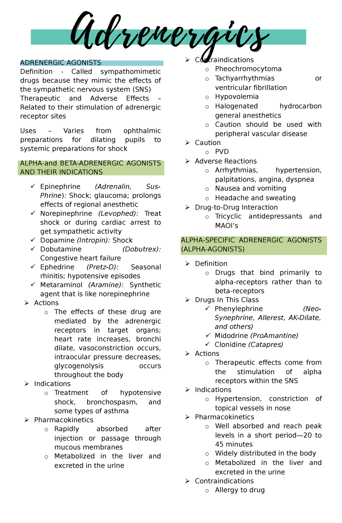 Adrenergic Agonists None Pharmacology Su Studocu