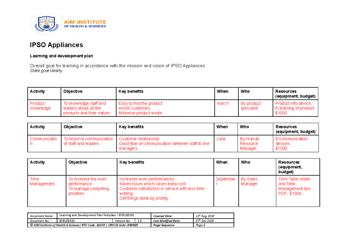 Learning and Development Plan Template - Easy access of learning ...
