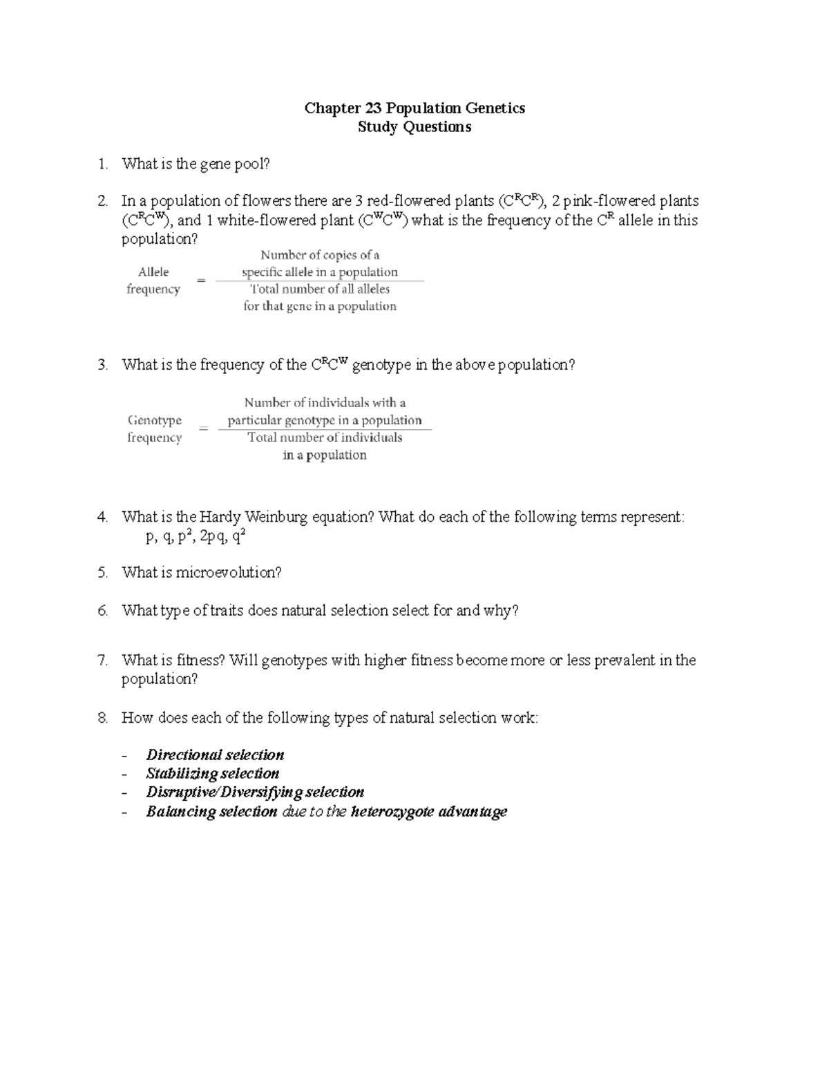 Chapter 23- Population Genetics- Study Questions - Chapter 23