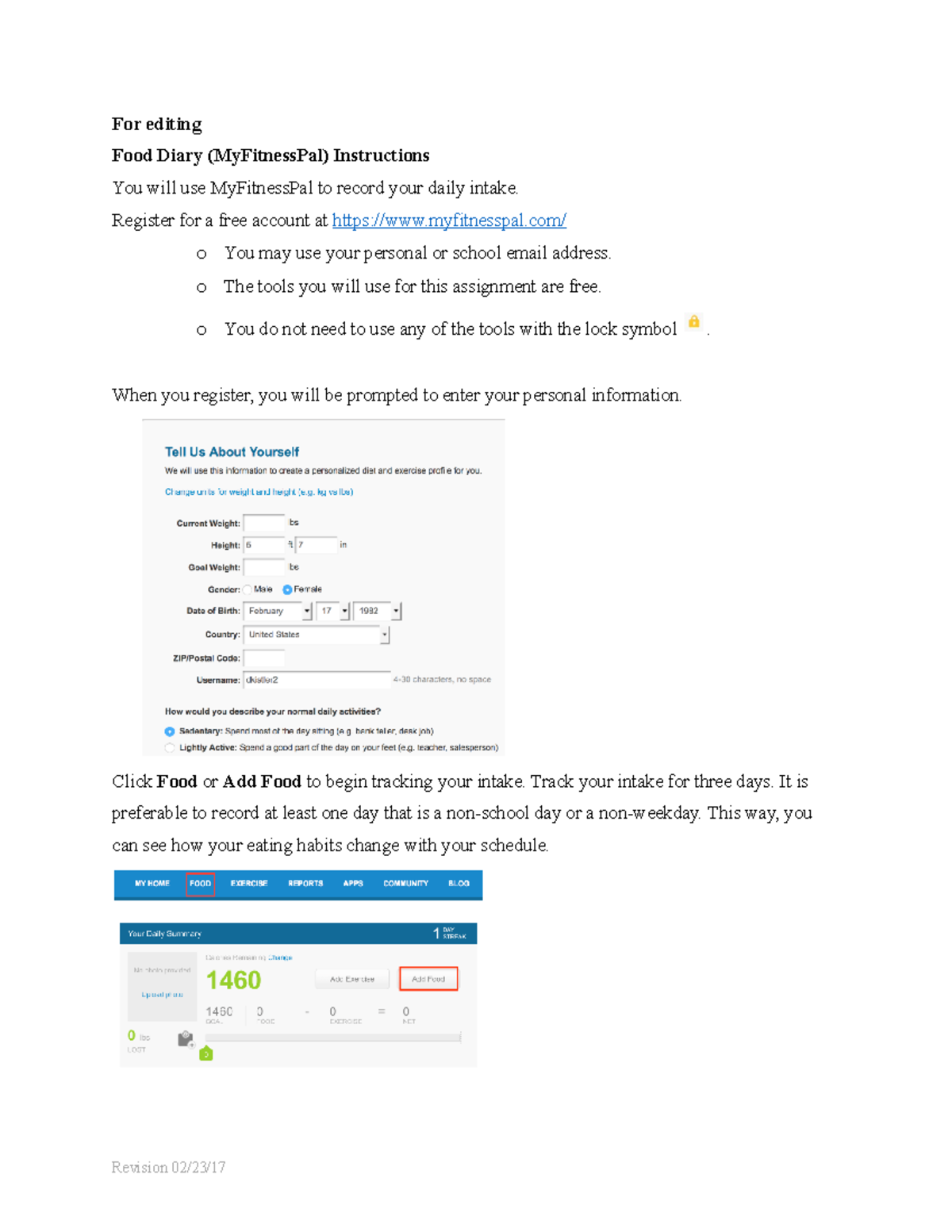 Instructions for My Fitness Pal - For editing Food Diary (MyFitnessPal ...