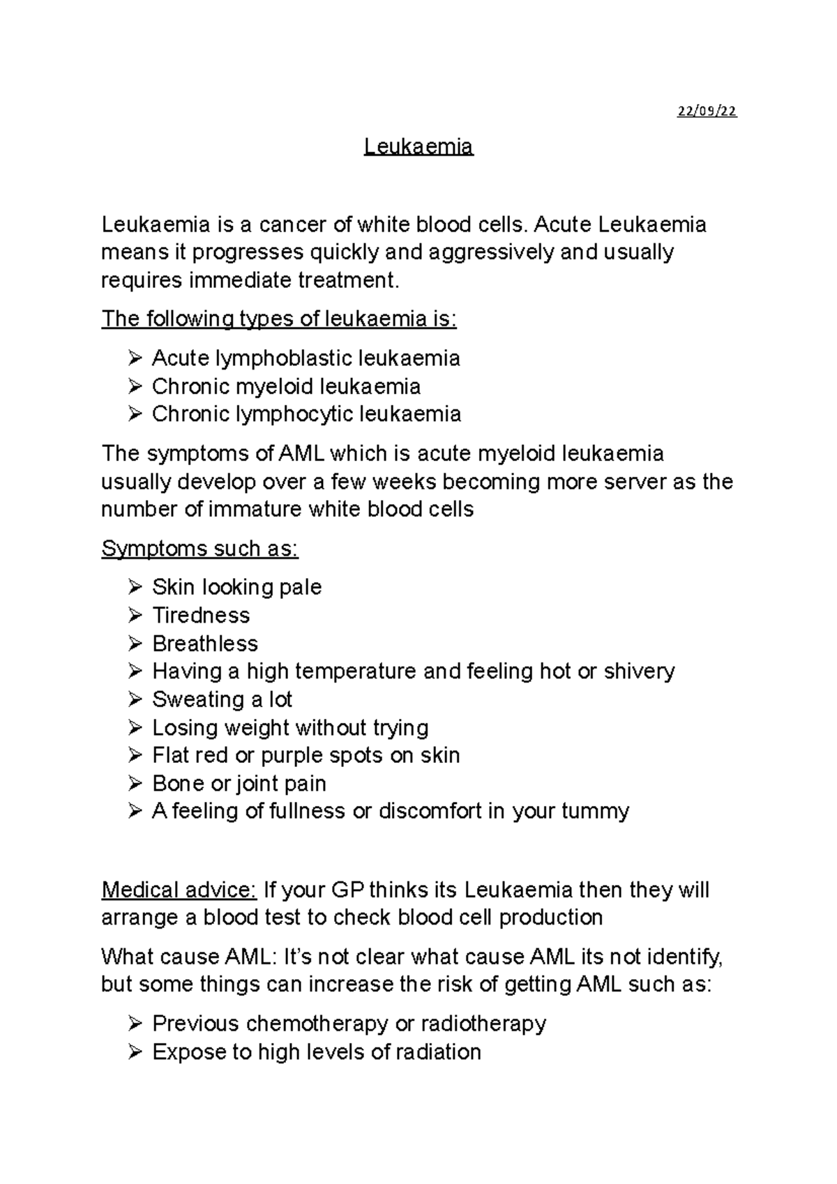 Leukaemia - assignment - 22/09/ Leukaemia Leukaemia is a cancer of ...