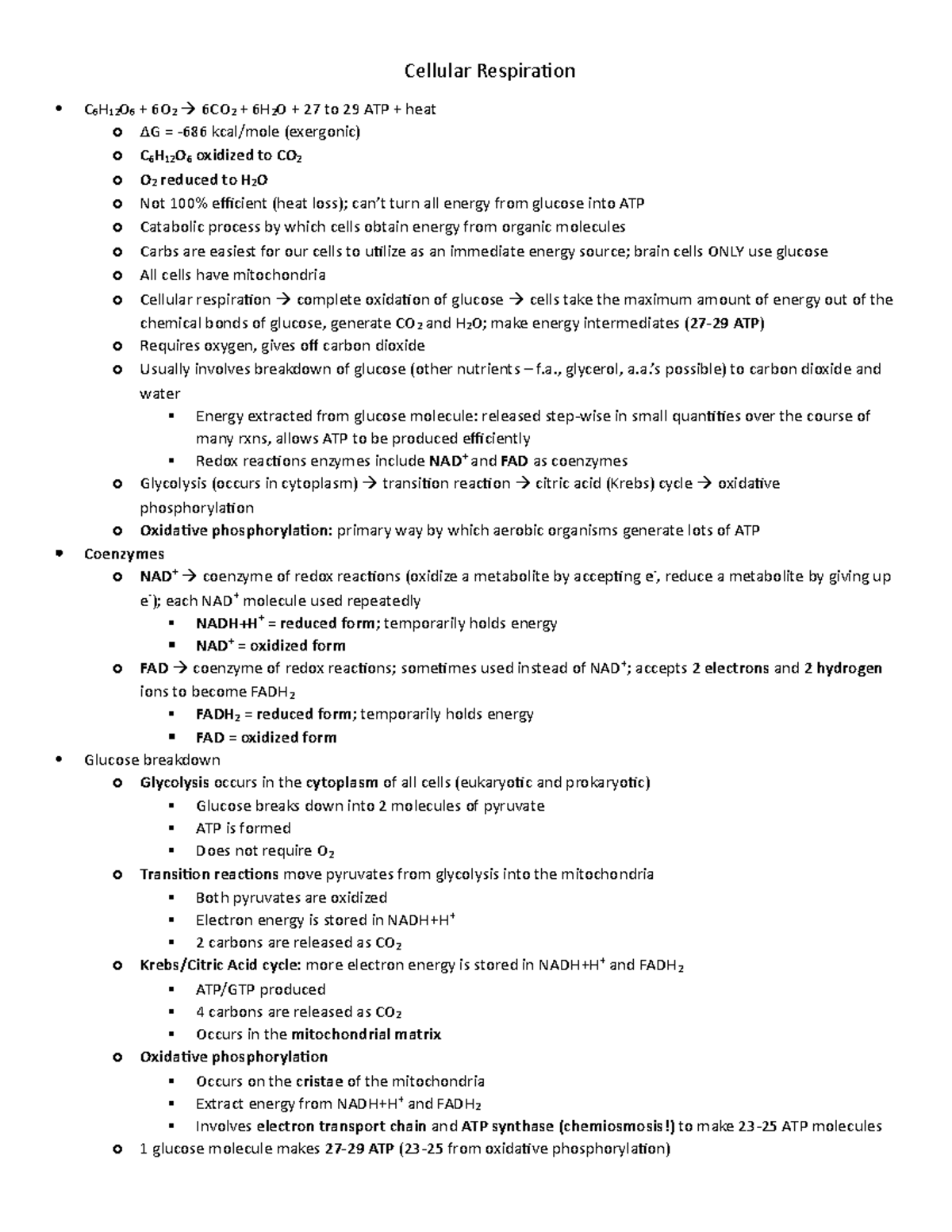 Exam 3 Review - Summary Of Material For Exam 3 - Cellular Respiration C 