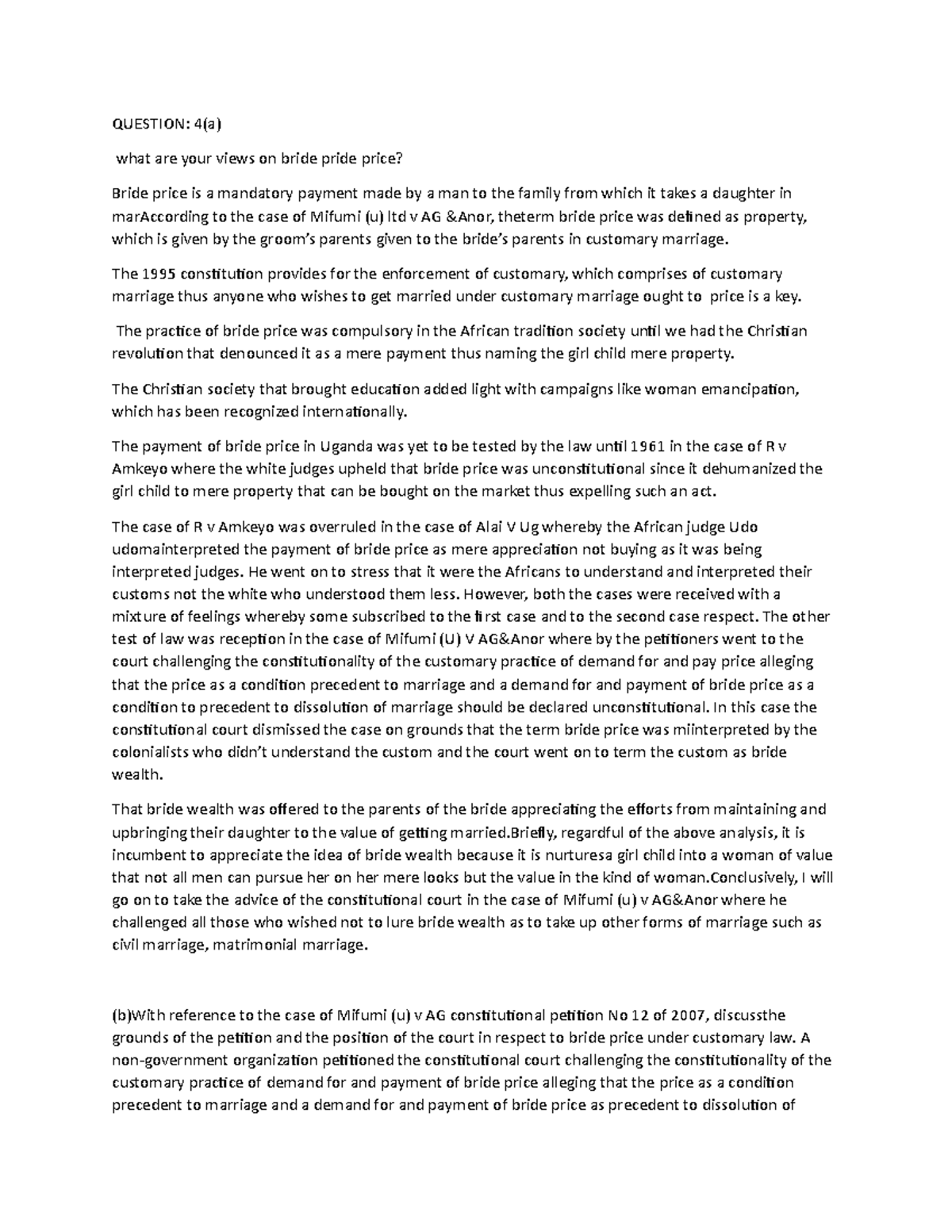 Document 31 Bride Wealth QUESTION 4 a What Are Your Views On
