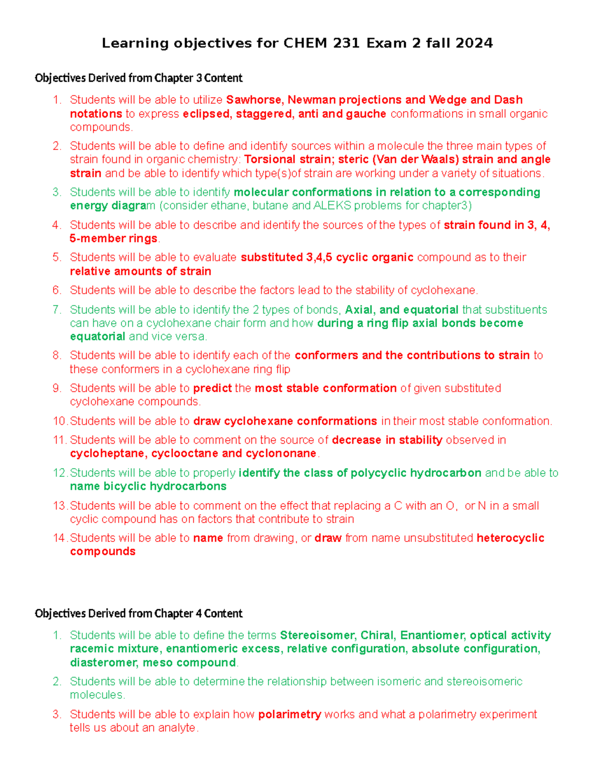 Learning objectives for CHEM 231 Exam 2 fall 2024 - Learning objectives ...