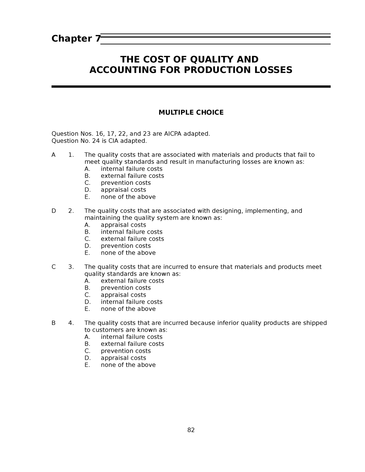 Ch07 - Cost Accounting - Chapter 7 THE COST OF QUALITY AND ACCOUNTING ...