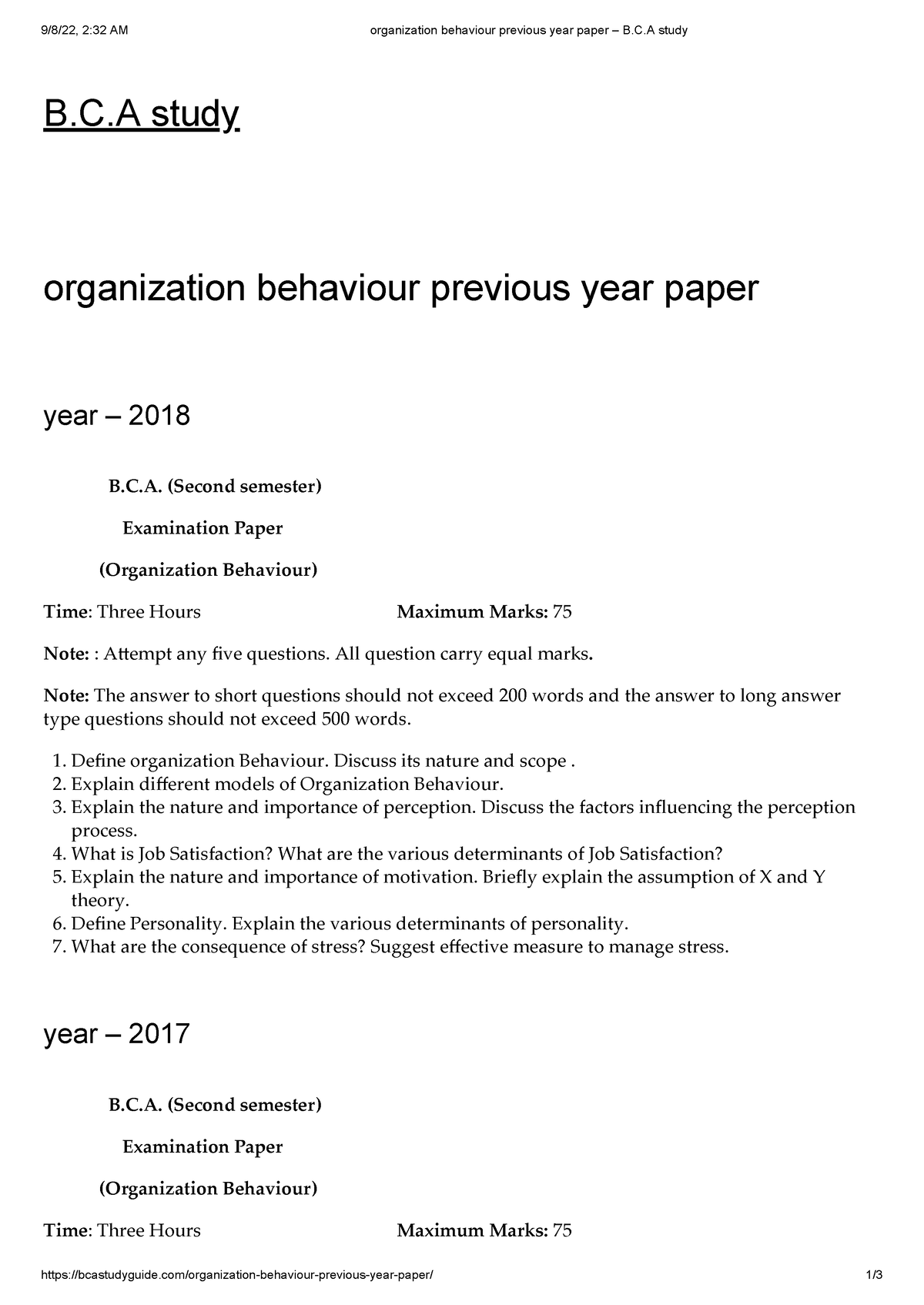 Organization Behaviour Previous Year Paper – B.C.A Study - 9/8/22, 2:32 ...