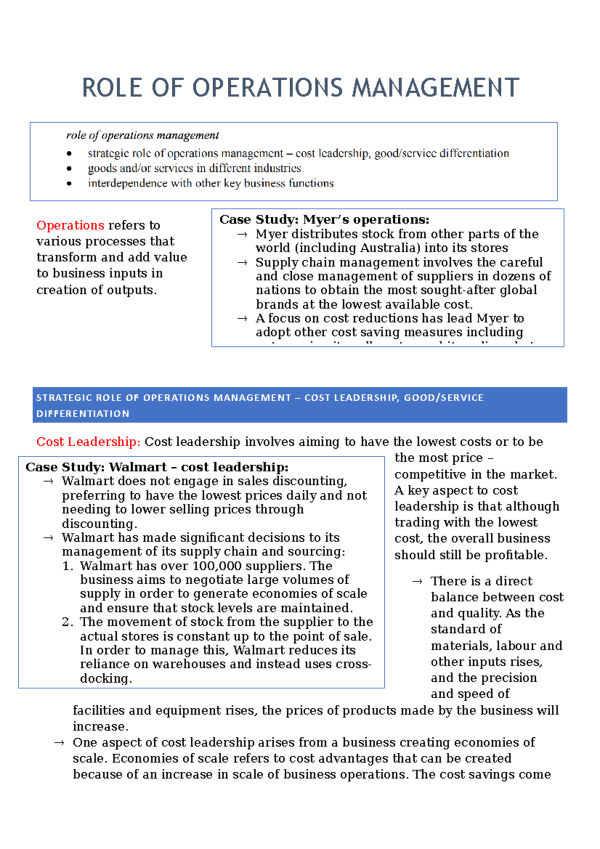 Operations Progressive Summary - ROLE OF OPERATIONS MANAGEMENT ...