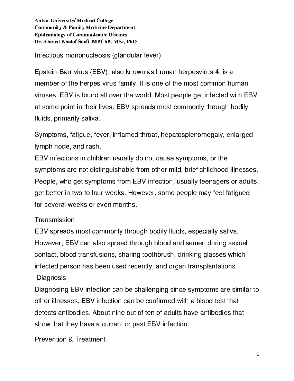 Infectious mononucleosis (glandular fever) Anbar University/ Medical