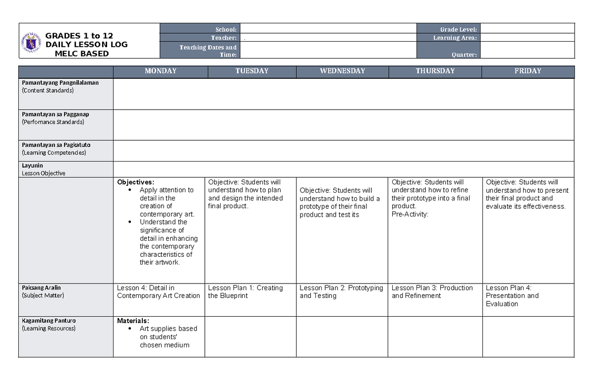 WEEK 12 - DLL - GRADES 1 to 12 DAILY LESSON LOG MELC BASED School ...